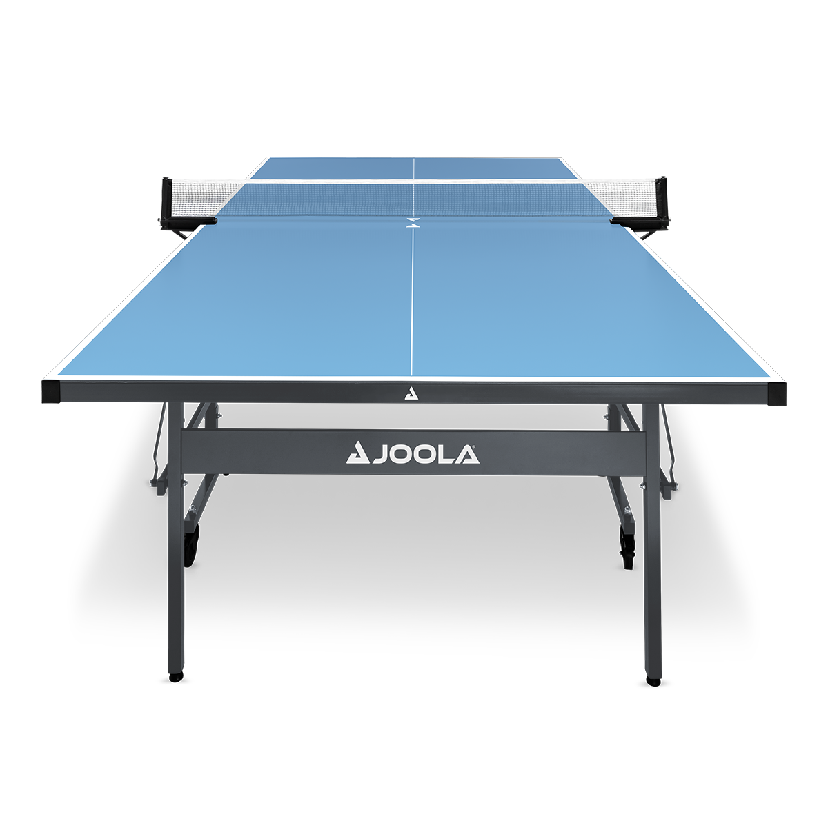 Blauer JOOLA Tischtennistisch mit Netz, schwarzem Rahmen und weißen Spielfeldlinien, freistehend vor weißem Hintergrund.