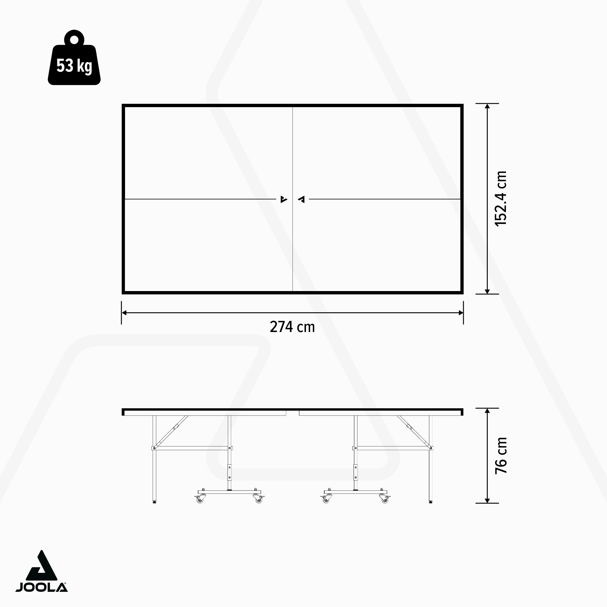 Maßzeichnung eines Tischtennistischs mit den Abmessungen 274 cm Länge, 152,4 cm Breite und 76 cm Höhe, Gewicht 53 kg.