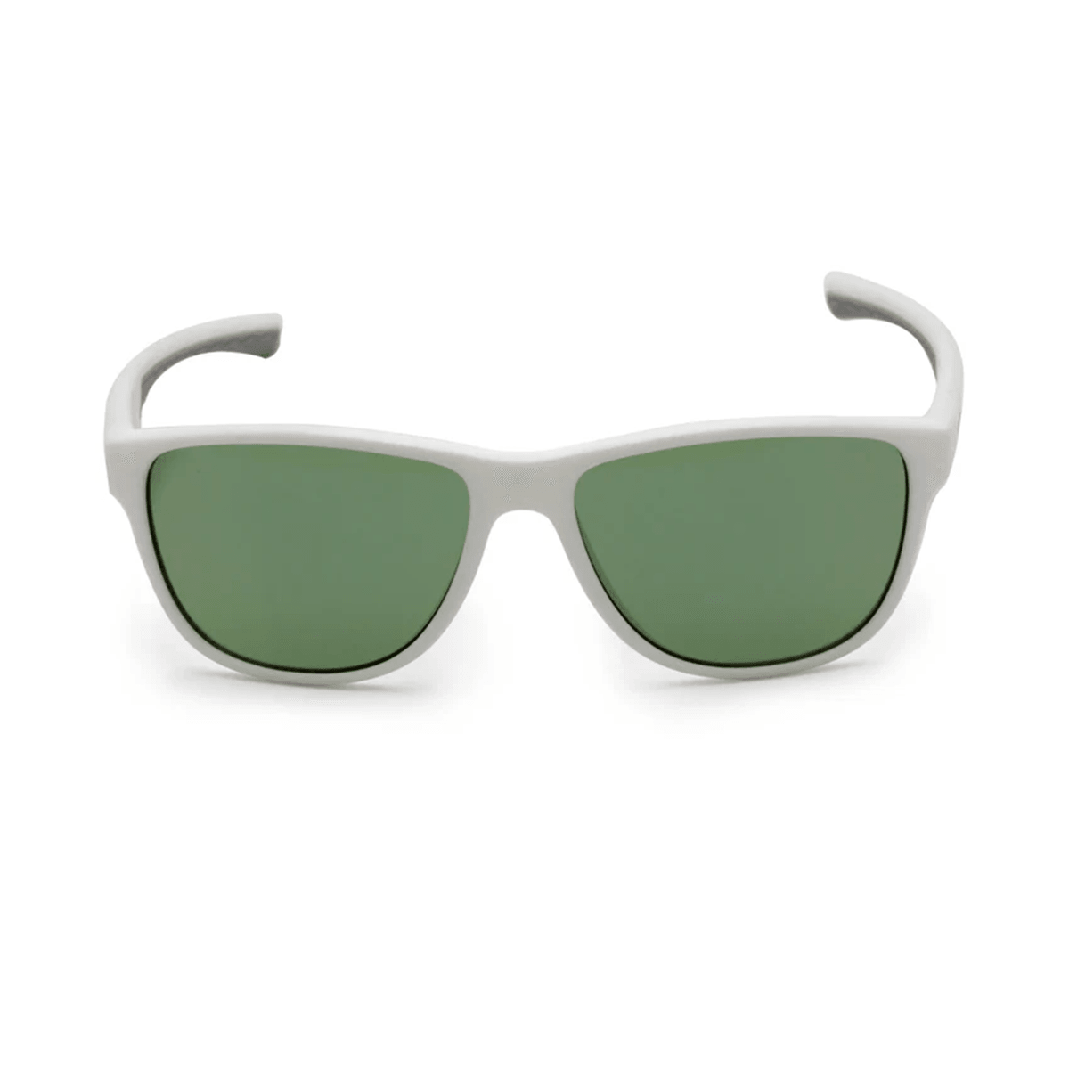 Weiße Sonnenbrille mit grünen Gläsern, frontal dargestellt.