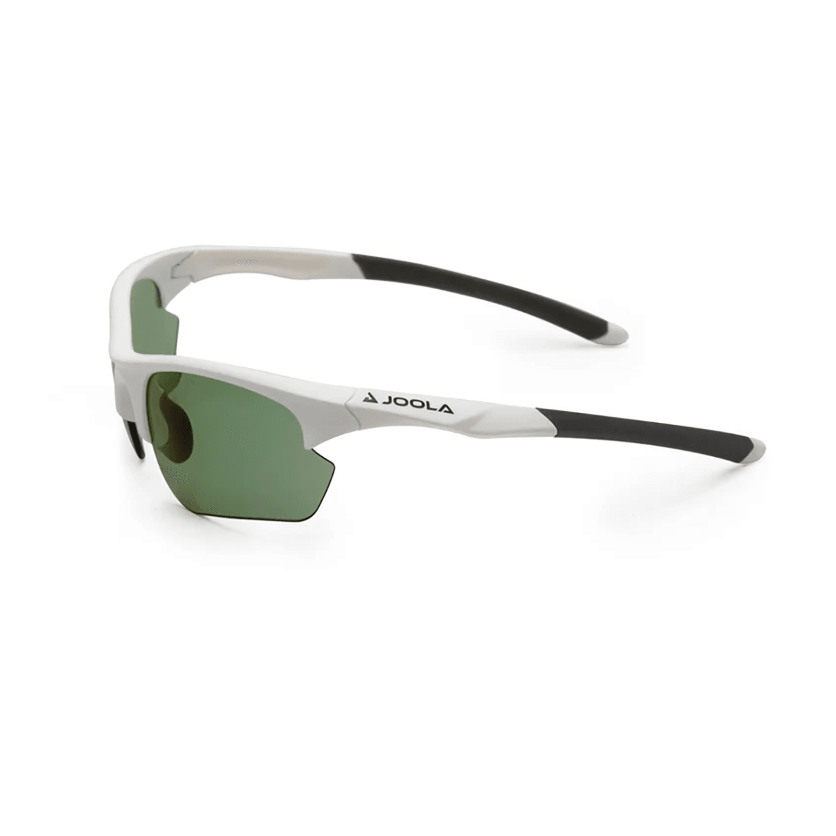 Sportliche Sonnenbrille mit weißem Rahmen und grünen Gläsern, Marke JOOLA.