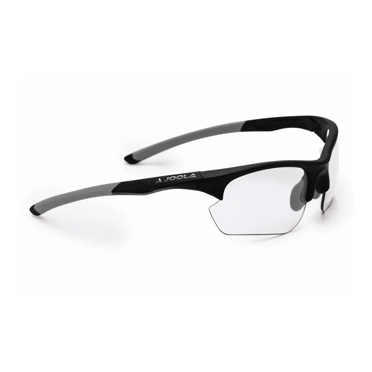 Sportliche, halb rahmenlose Schutzbrille mit transparenten Gläsern und schwarzem Rahmen.