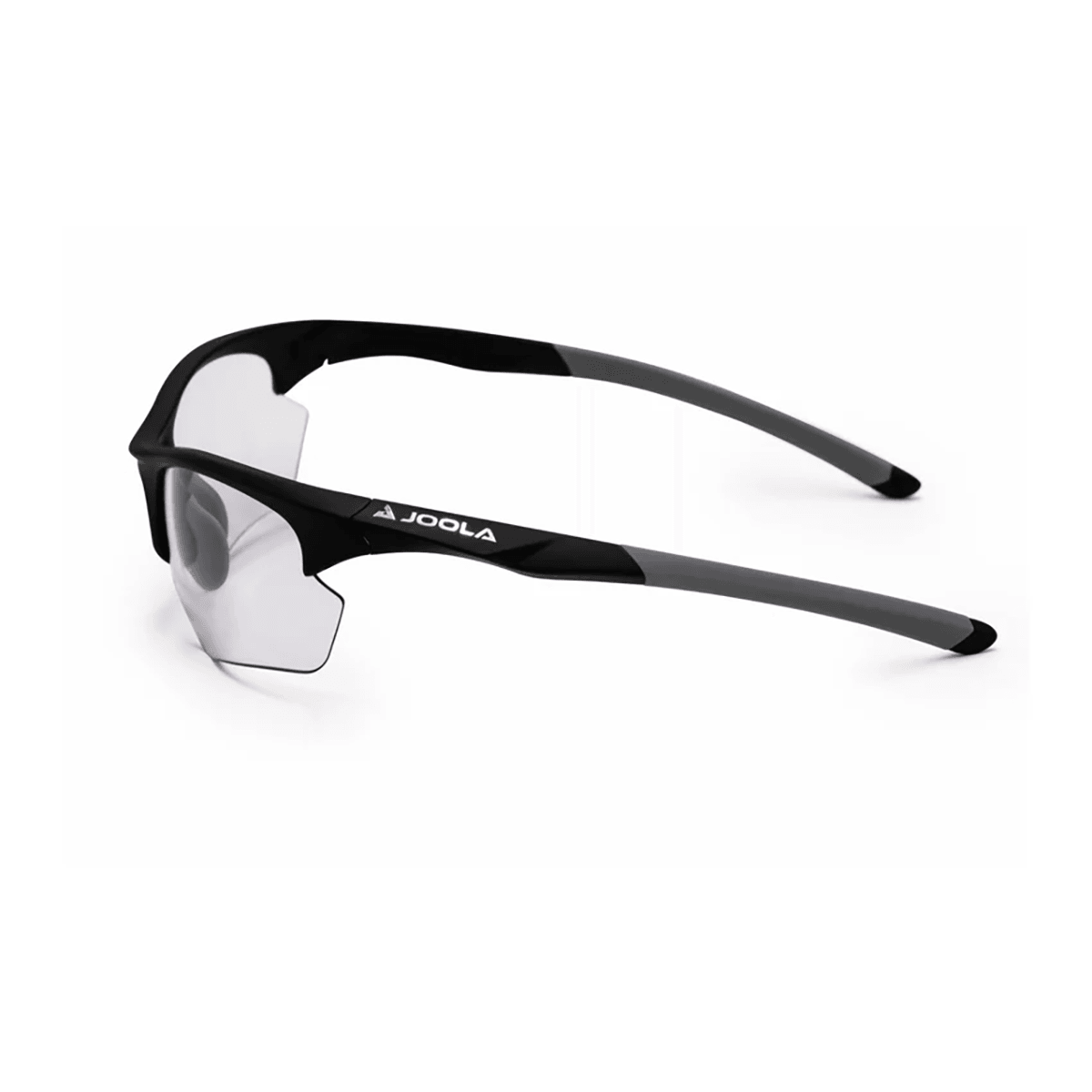 Sportliche, schwarze und graue JOOLA Sonnenbrille mit transparenten Gläsern.