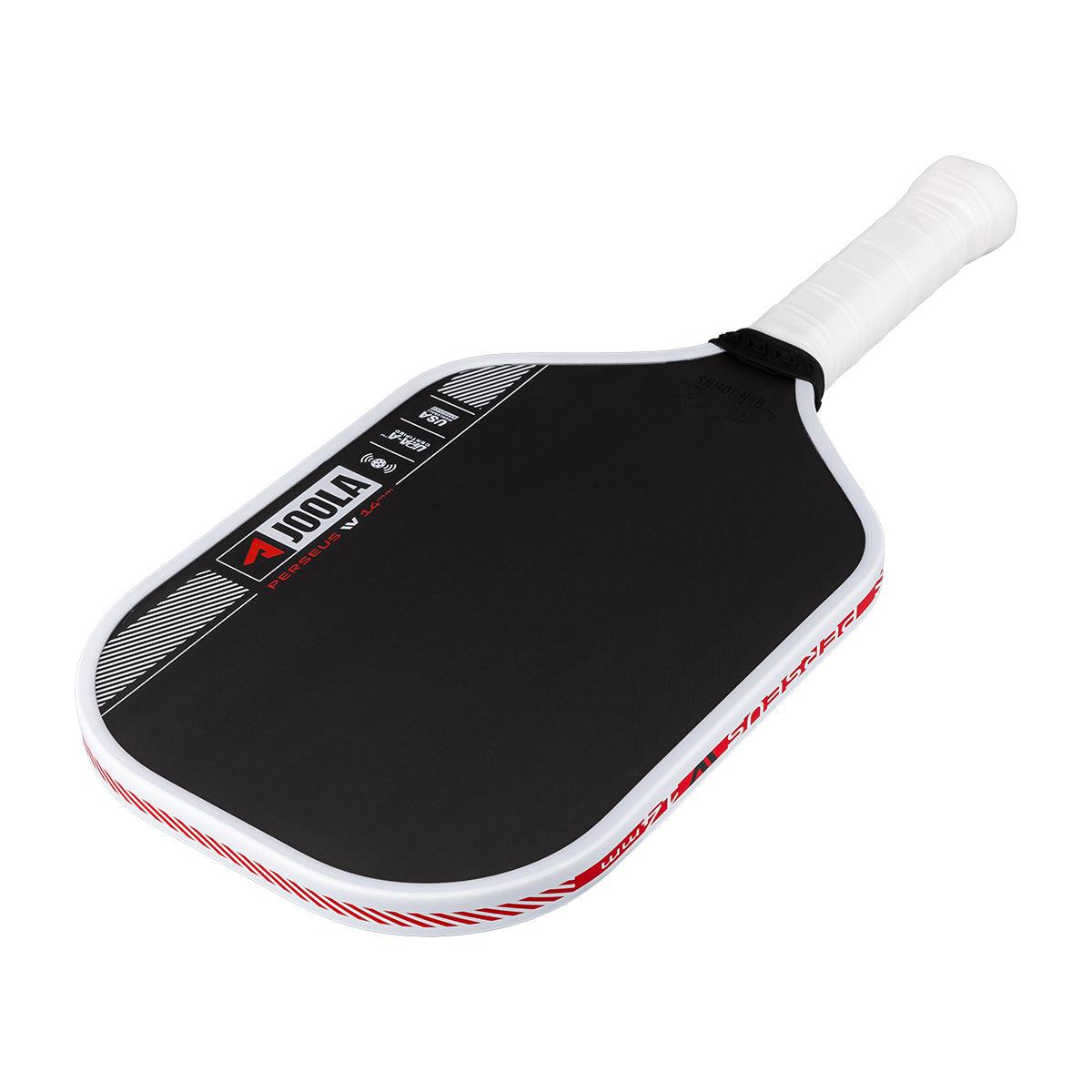 Schwarzer JOOLA Pickleball-Schläger mit weißem Griff und weiß-rotem Rand.