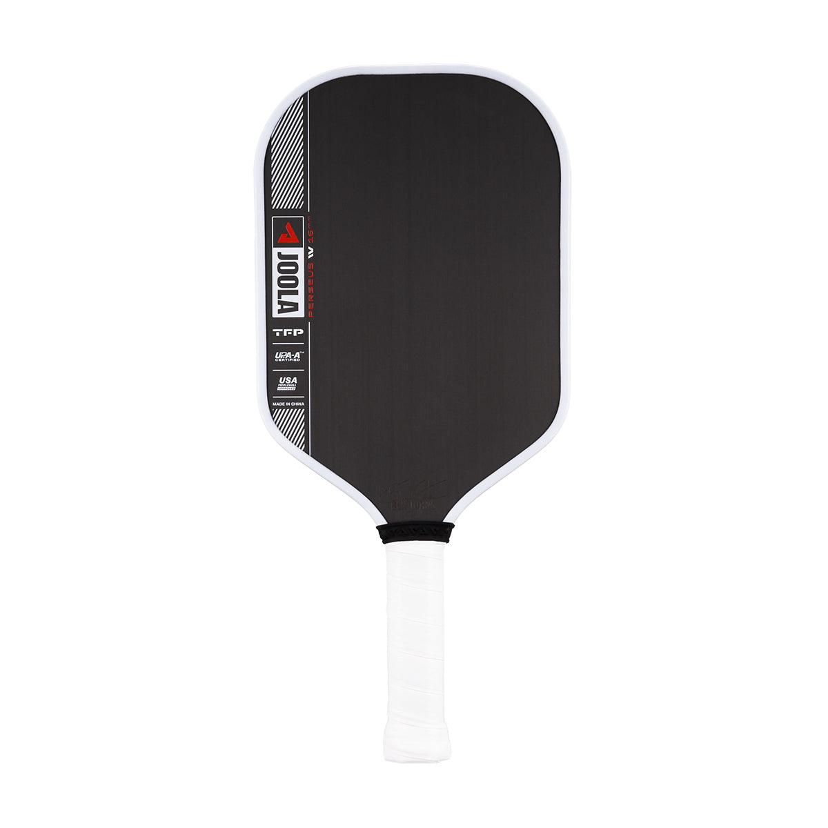 Schwarzer Pickleball-Schläger mit weißem Griff und weißem Rand.