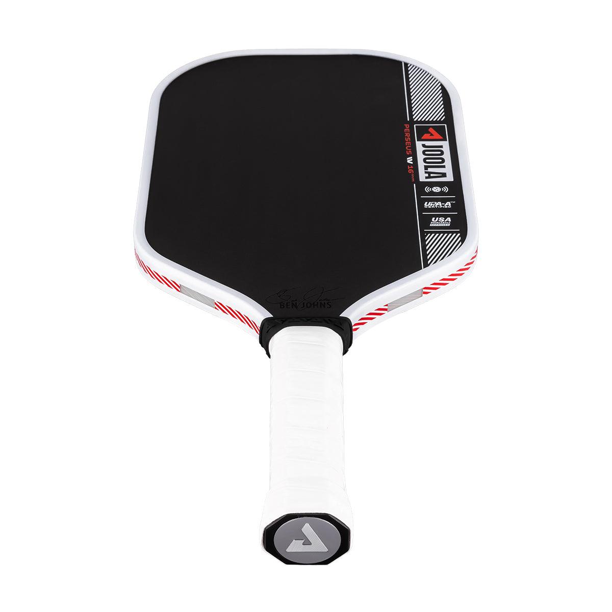 Pickleball-Schläger mit schwarzer Schlagfläche, weißem Griff und roten Akzenten, Modell JOOLA Perseus VL 16 mm.