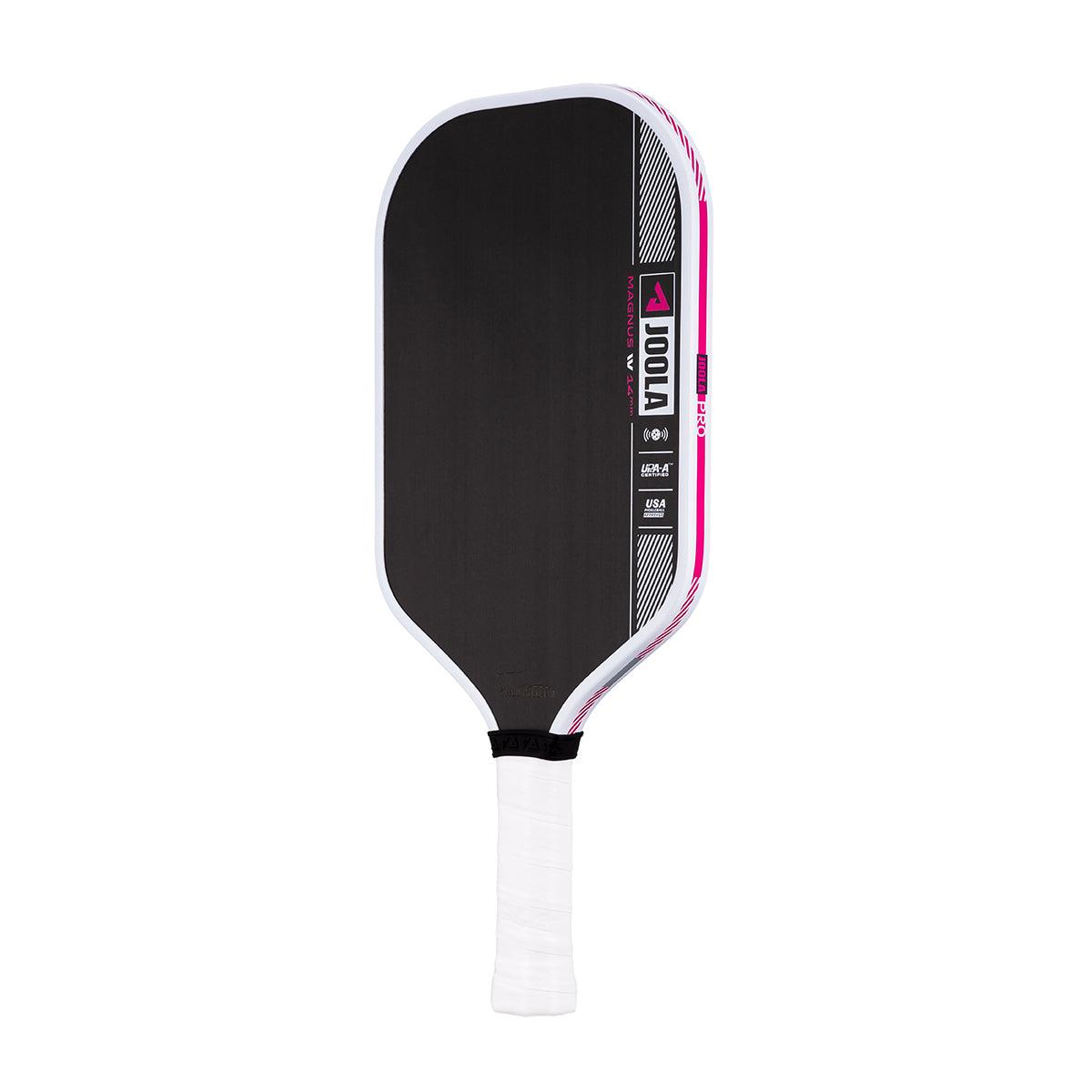 Schwarzer Pickleball-Schläger mit weißem Griff und pink-weißen Akzenten, Marke JOOLA.