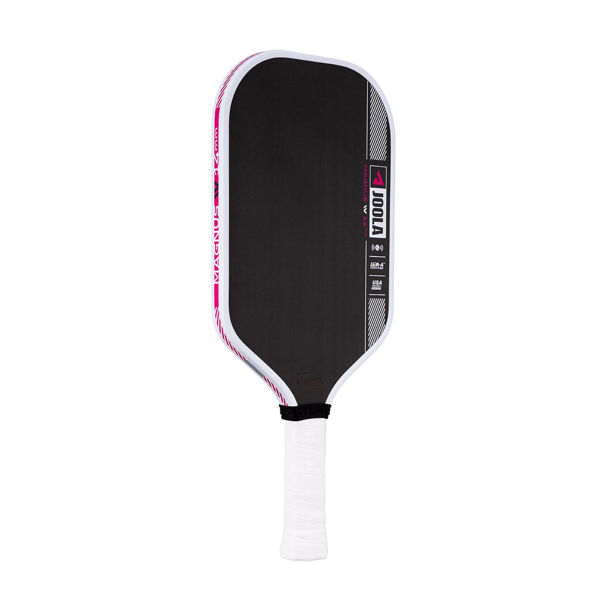 Pickleball-Schläger JOOLA Magnus IV in Schwarz mit weißem Griff und pinken Details.