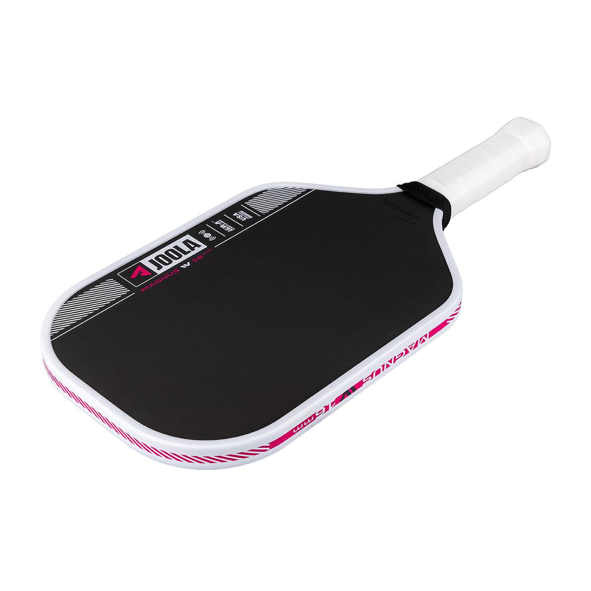 Schwarzer JOOLA Magnus IV Pickleball-Schläger mit weißem Griff und pink-weißer Umrandung.
