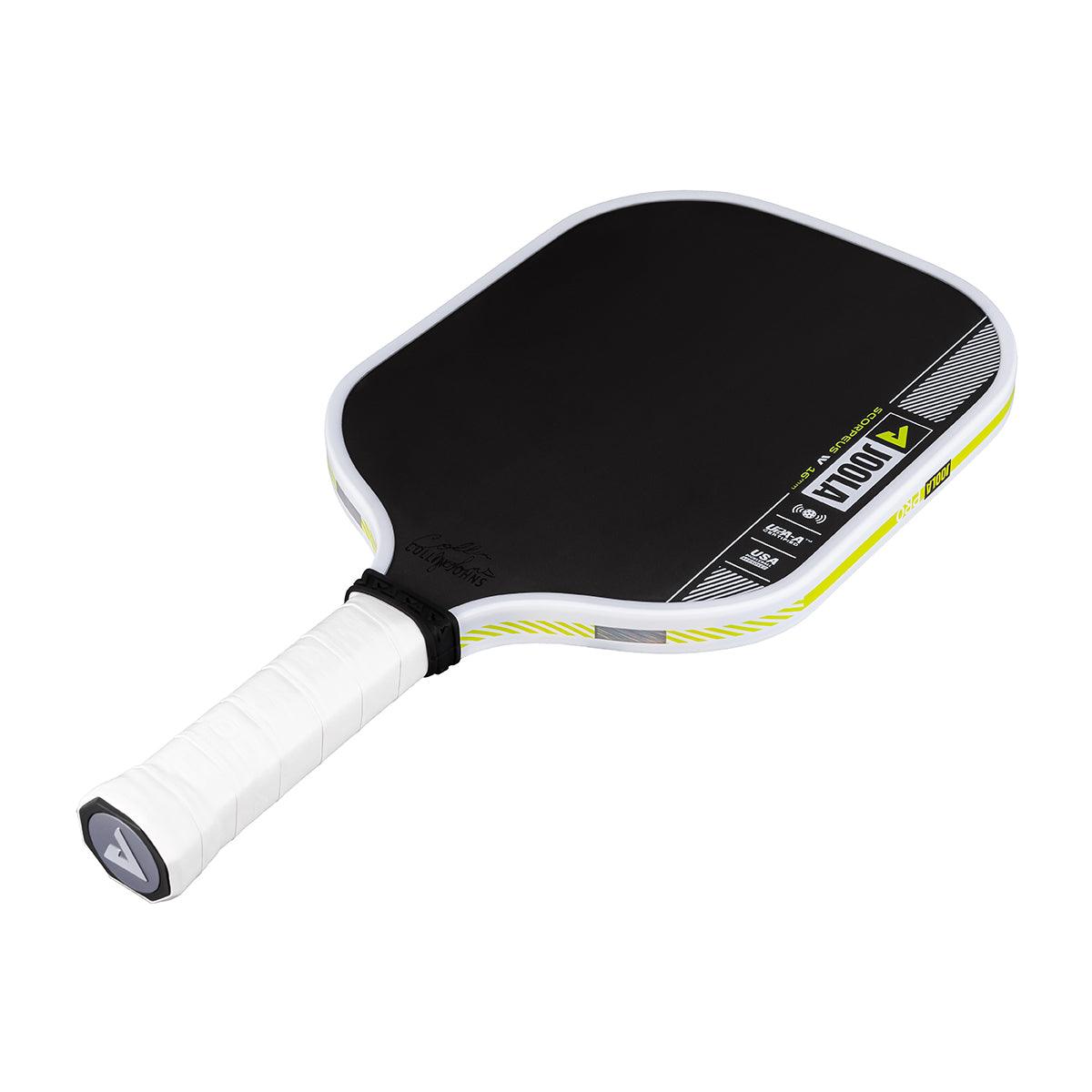 Pickleball-Schläger mit schwarzer Schlagfläche und weißem Griff.