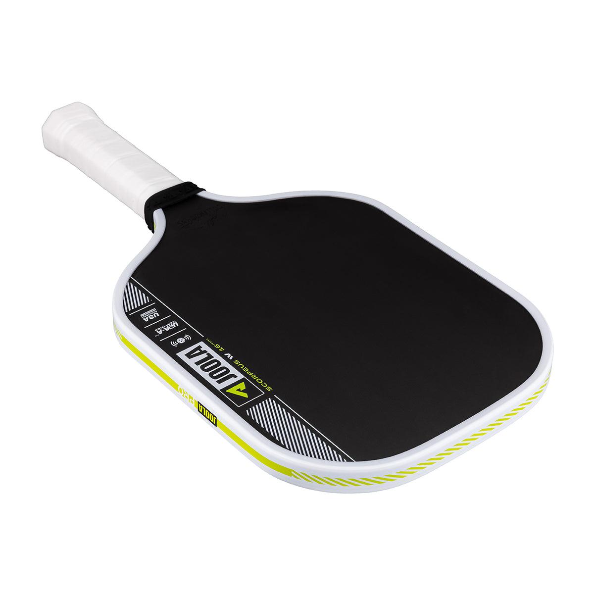 Schwarzer Pickleball-Schläger mit weißem Griff und gelb-weißer Umrandung.