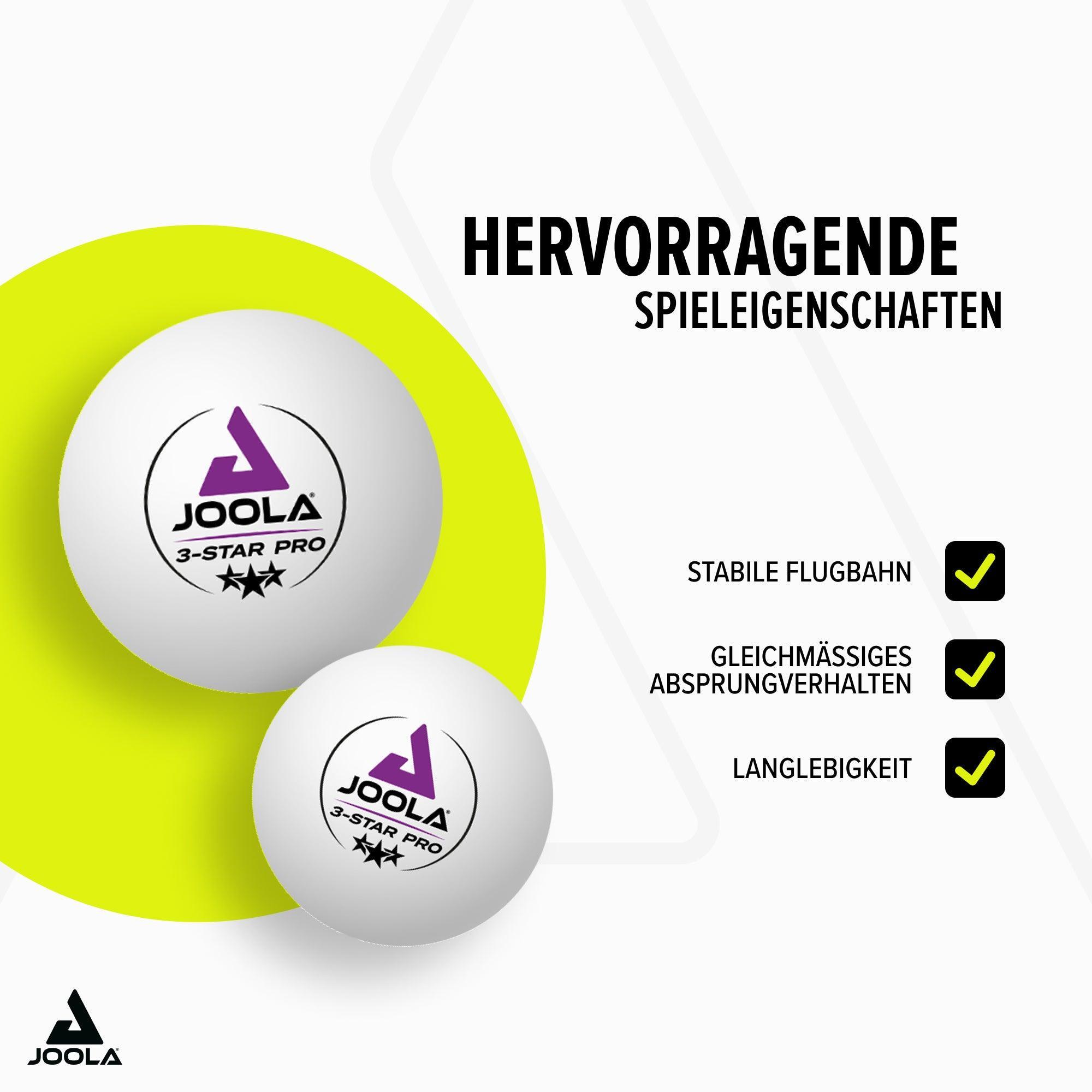 Zwei weiße JOOLA 3-Star Pro Tischtennisbälle mit Hinweis auf hervorragende Spieleigenschaften wie stabile Flugbahn, gleichmäßiges Absprungverhalten und Langlebigkeit.