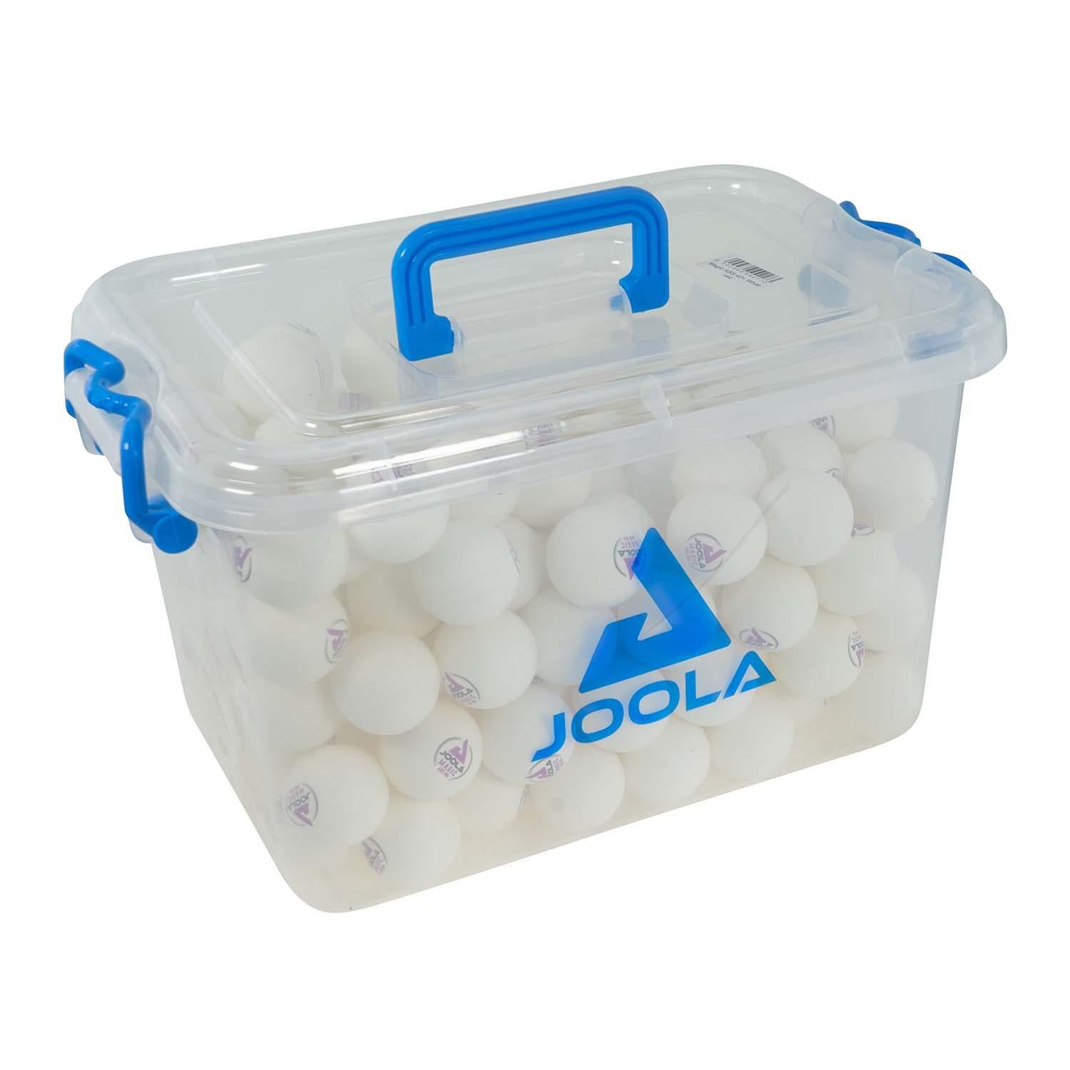 Gros plan sur la balle de tennis de table JOOLA MAGIC ABS 40+, montrant la surface et la structure.
