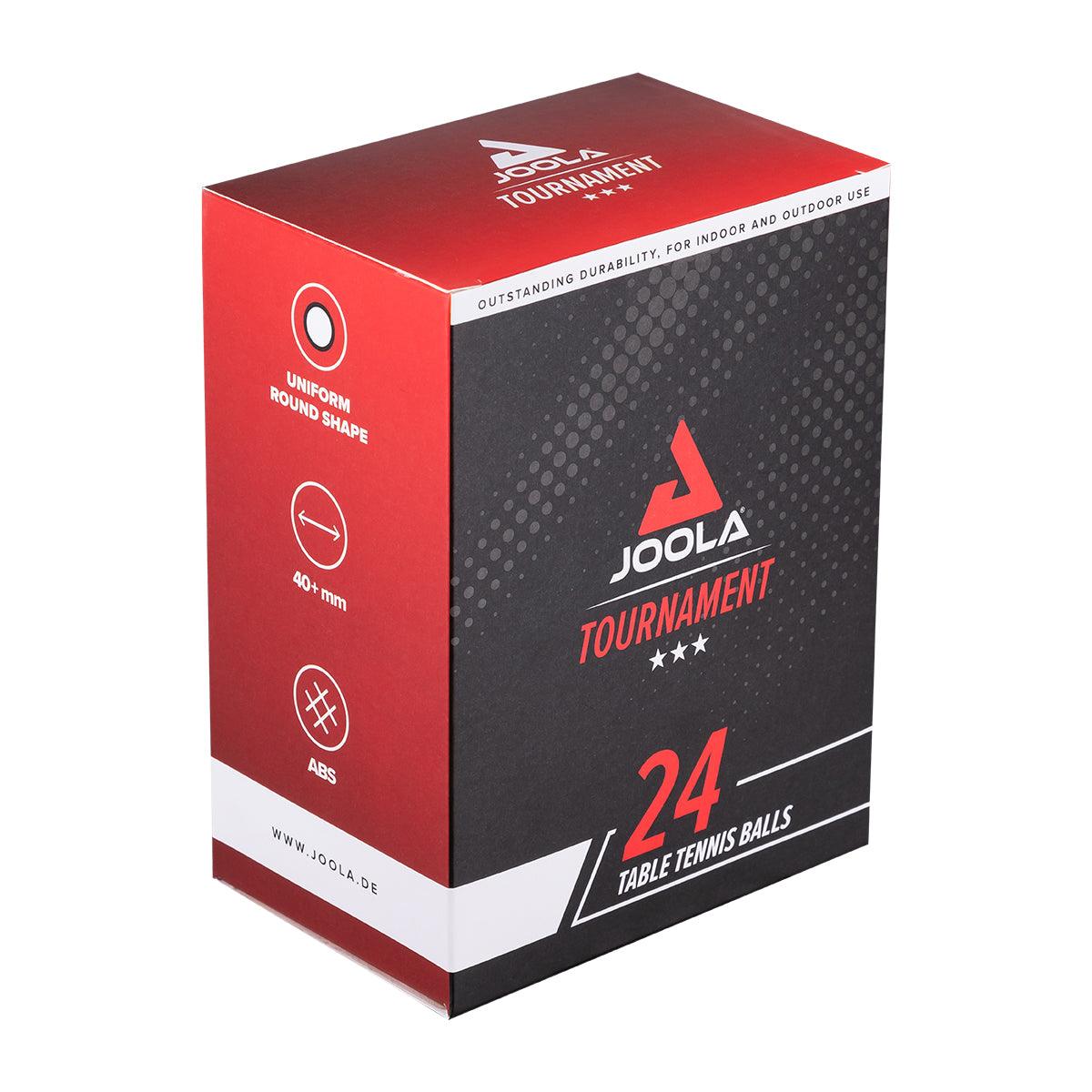 Packaging with 24 JOOLA Tournament table tennis balls, red-black, for indoor and outdoor use.