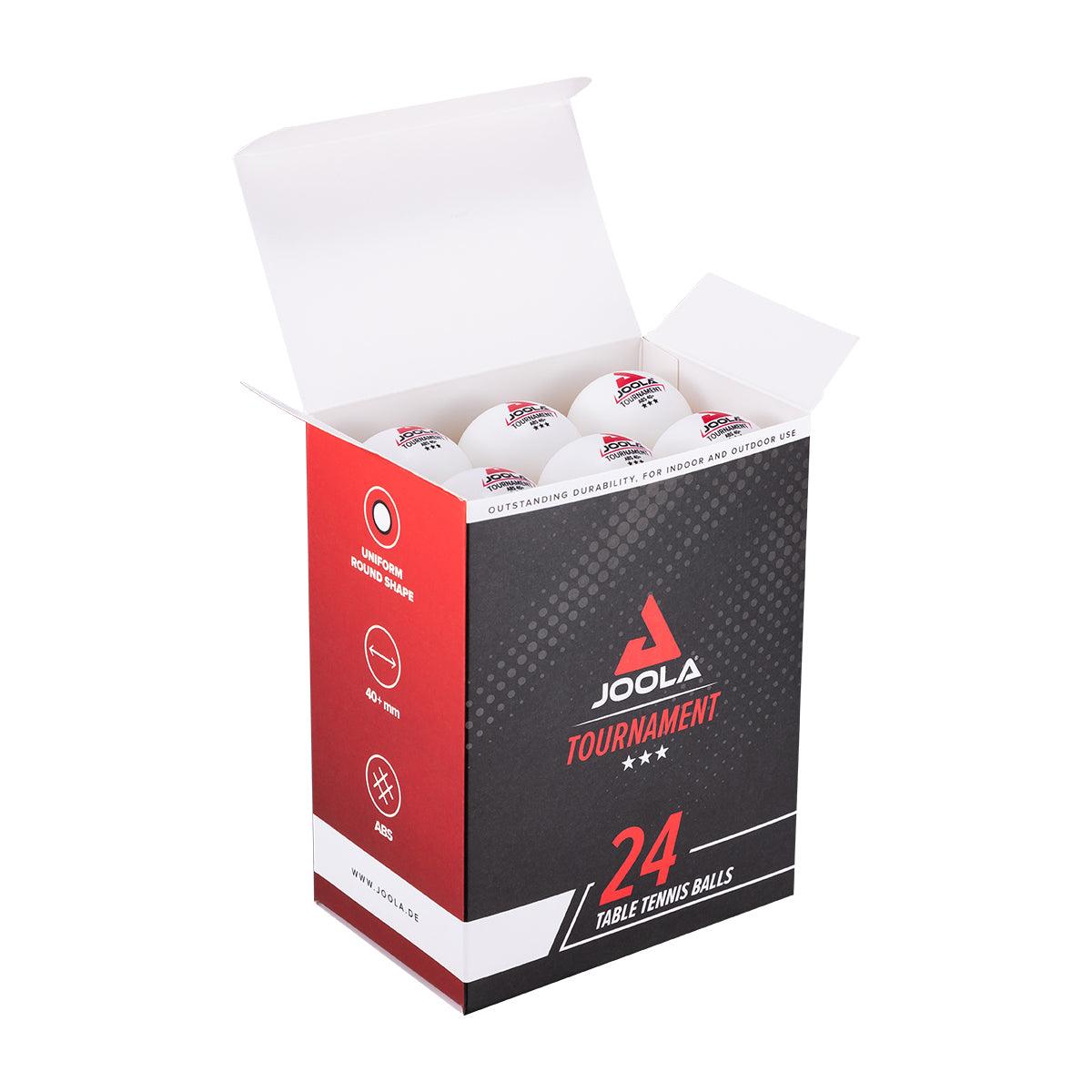 Emballage ouvert contenant 24 balles blanches de tennis de table JOOLA Tournament.