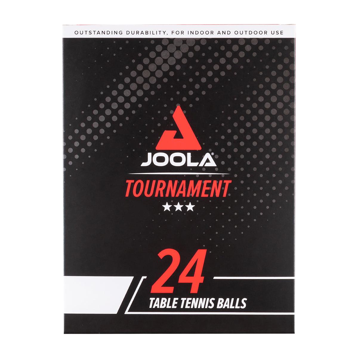 Black packaging with red JOOLA logo, inscription "TOURNAMENT" and "24 Table Tennis Balls".