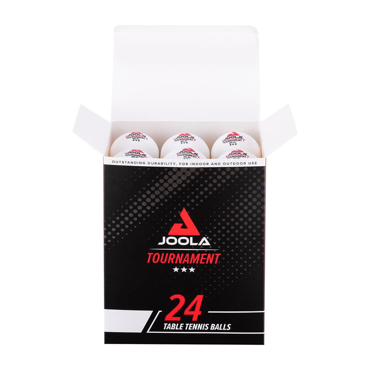 Pack of 24 white JOOLA Tournament table tennis balls, opened.