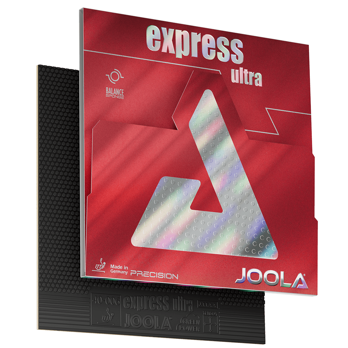 Tischtennisbelag JOOLA express ultra mit roter Verpackung und schwarzem Schwamm.