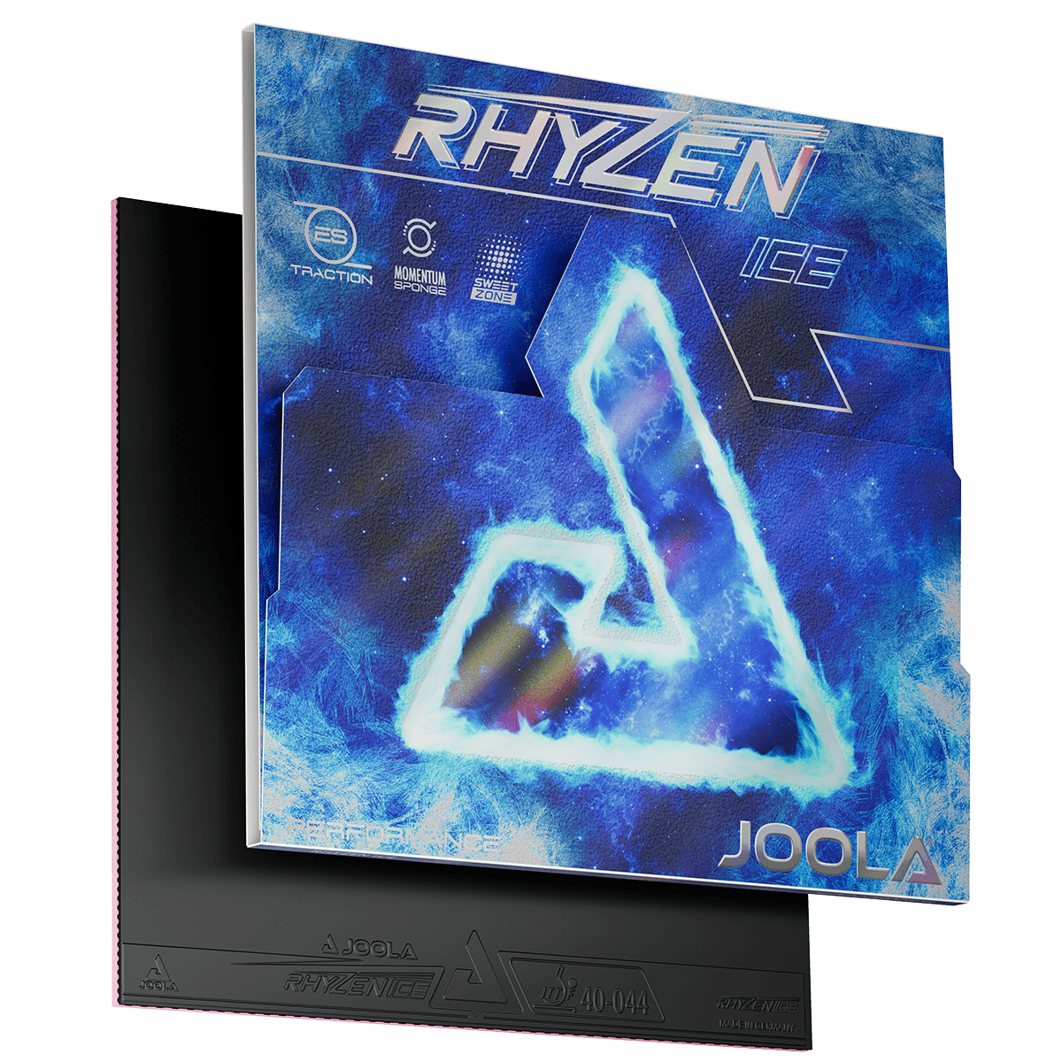 Tischtennisbelag JOOLA Rhyzen Ice in schwarzer Farbe mit blauer Verpackung und auffälligem leuchtendem Design.