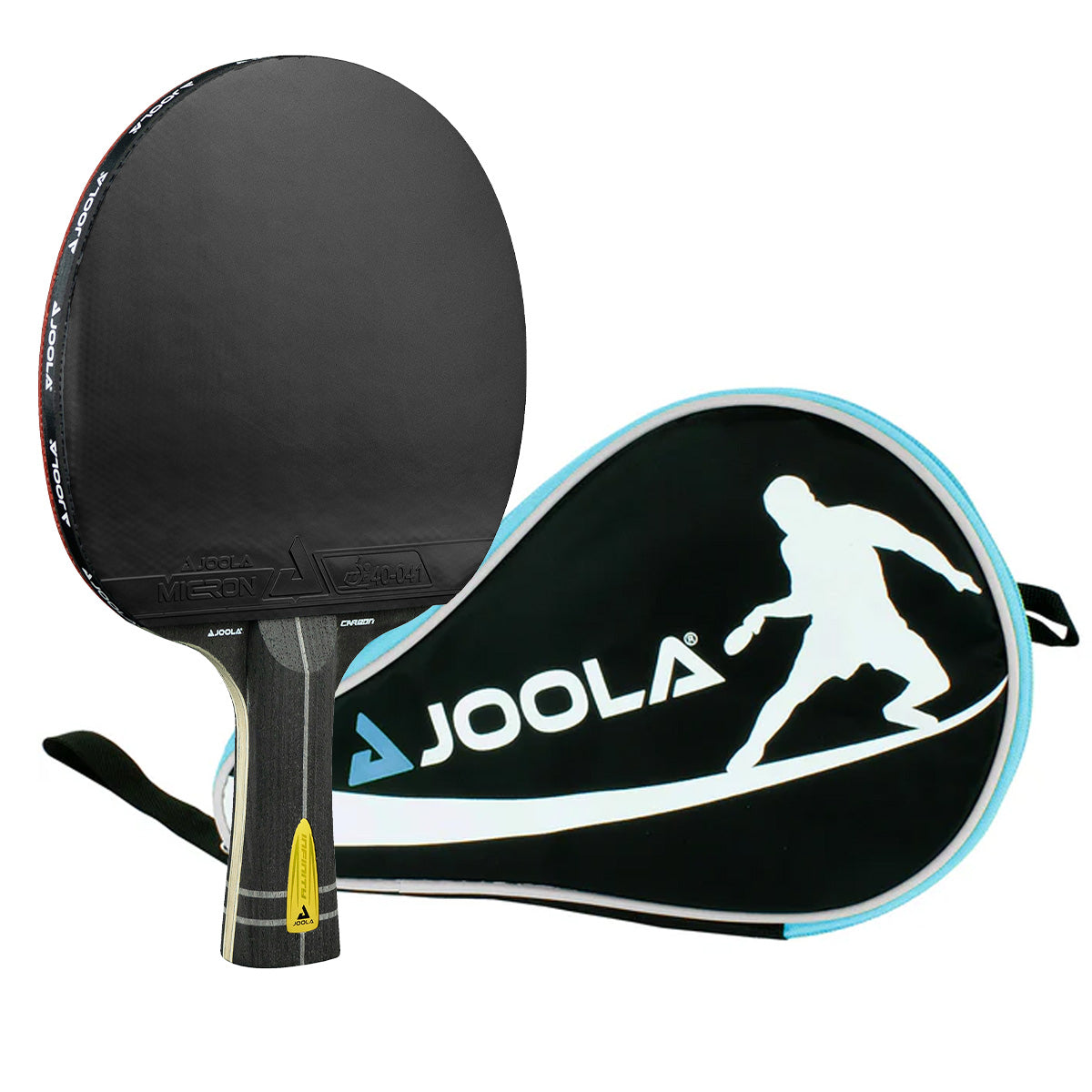 Tischtennisschläger mit schwarzem Belag und passender schwarzer Schutzhülle mit blauem Rand und weißem JOOLA-Logo.