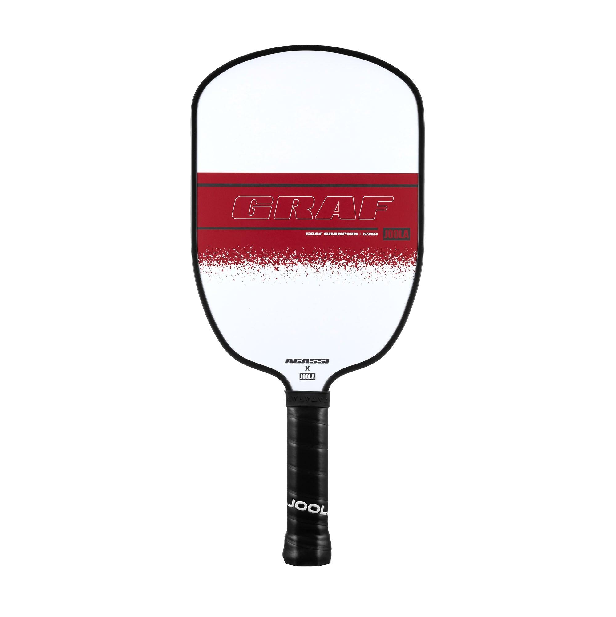 Pickleball-Schläger mit weiß-rotem Design und schwarzem Griff, Marke JOOLA.