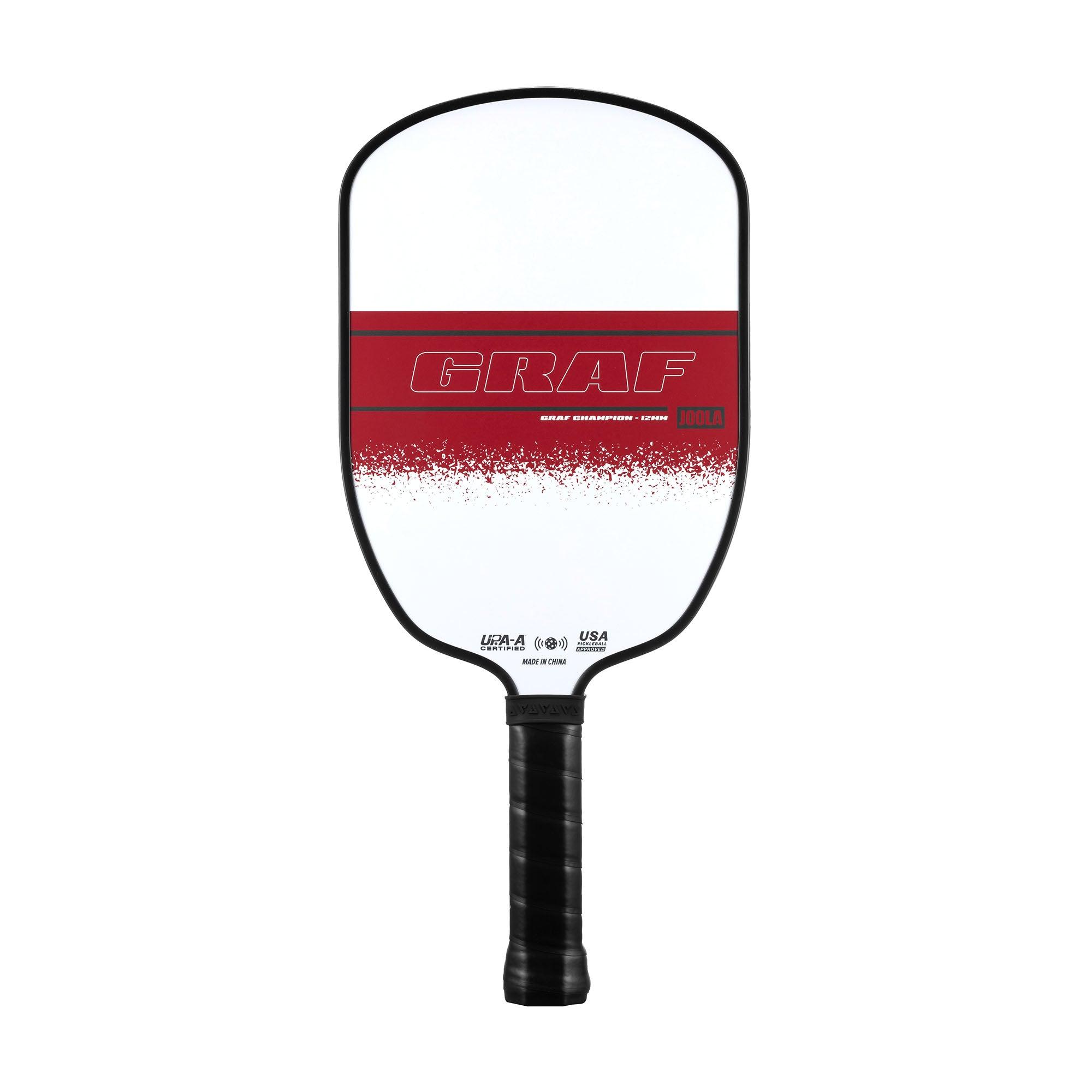 Pickleball-Schläger mit weißem Schlägerblatt und rotem Schriftzug "GRAF".