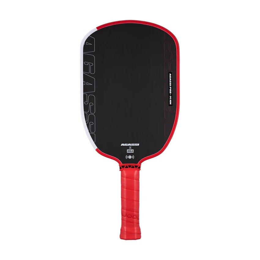 Pickleball-Schläger mit schwarzer Schlagfläche und rotem Griff.