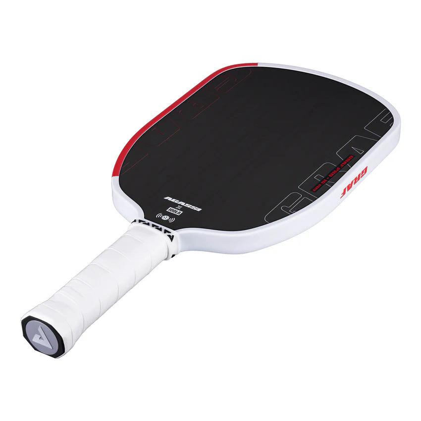 Pickleball-Schläger mit schwarzer Schlagfläche, weißem Rahmen und weißem Griff.