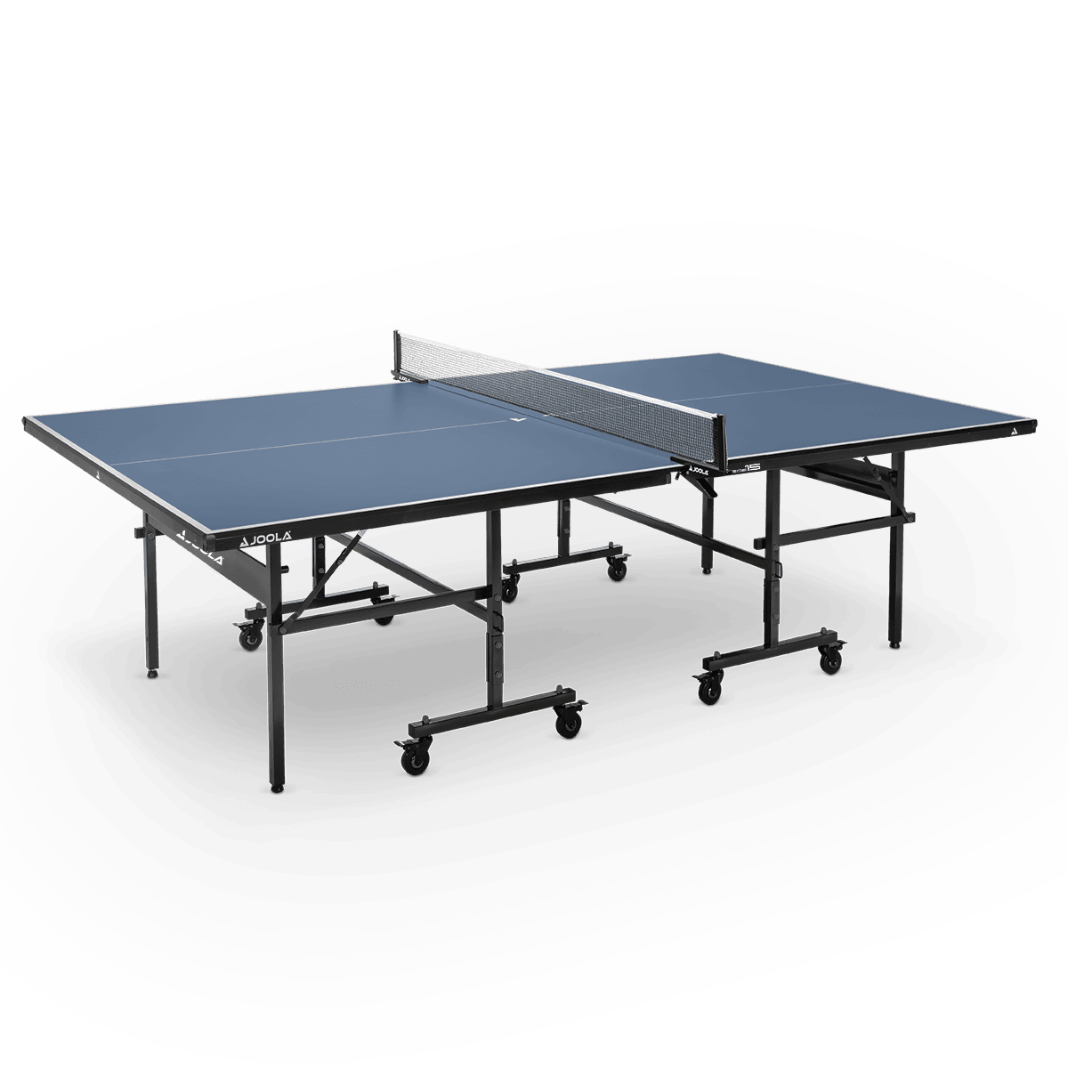 Blauer JOOLA Tischtennistisch mit schwarzem Metallgestell und Netz.