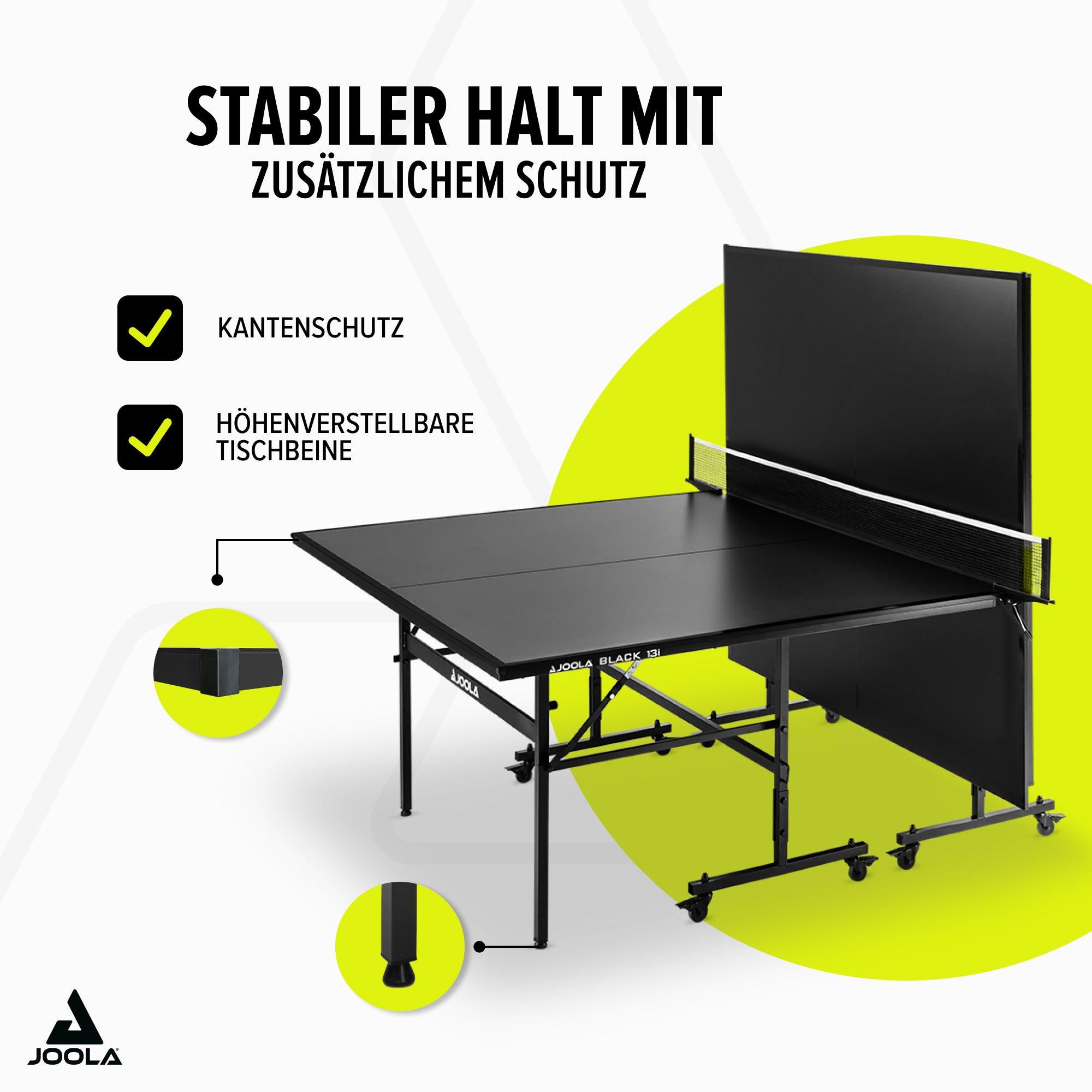 Schwarzer JOOLA Black 13i Tischtennistisch mit Kantenschutz und höhenverstellbaren Tischbeinen.
