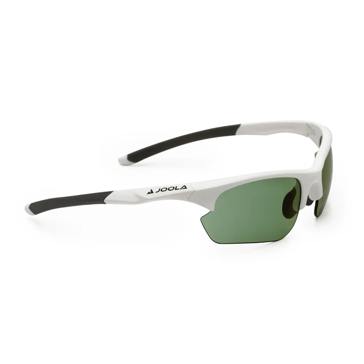 Sportliche Sonnenbrille mit weißem Rahmen und grünen Gläsern, Marke JOOLA.