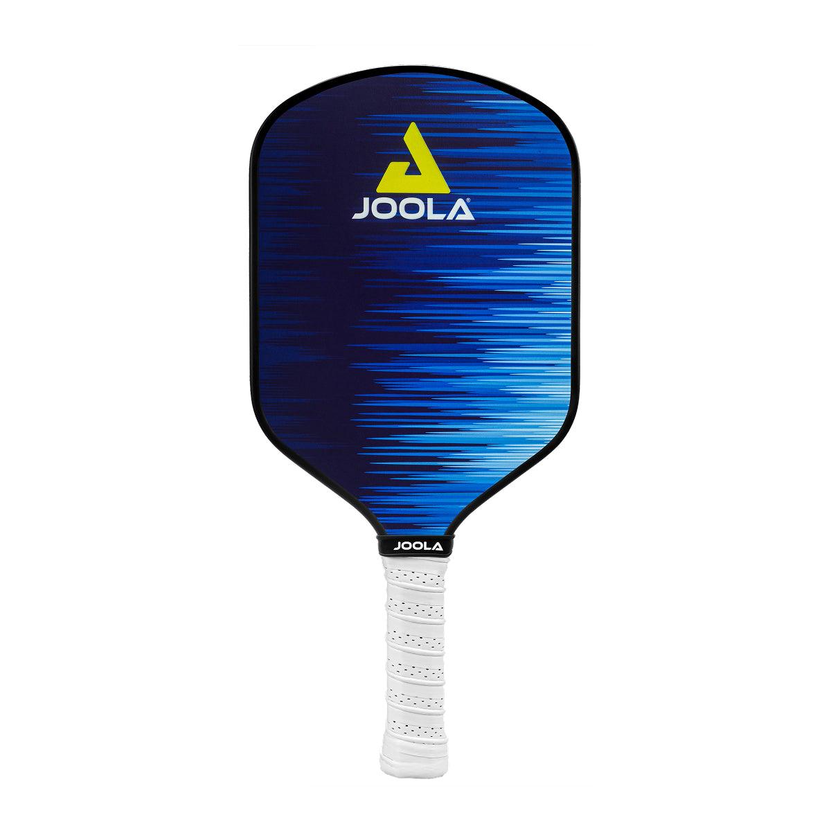 Blauer JOOLA Pickleball-Schläger mit weißem Griff und dynamischem Linienmuster.