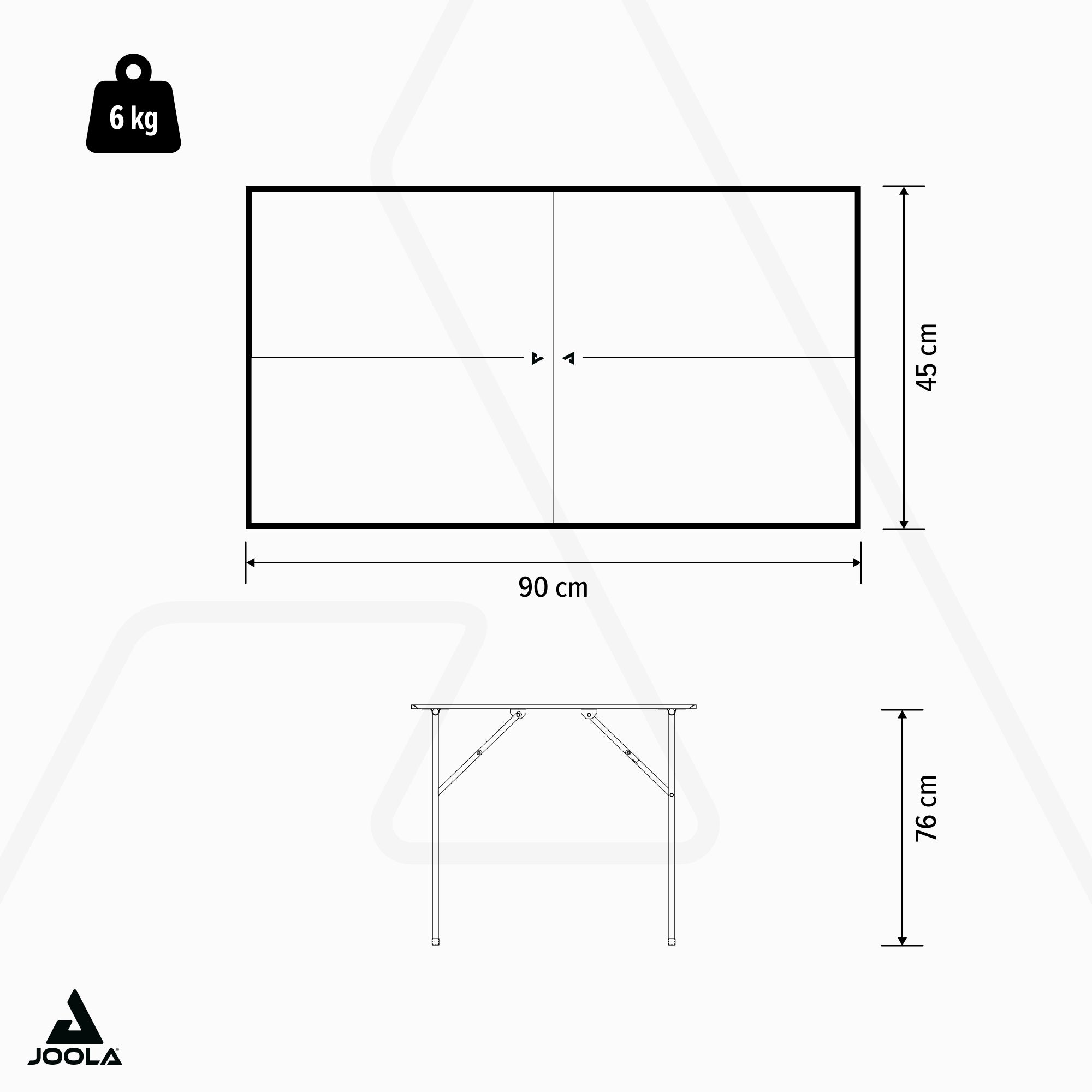 Sketch of a foldable table with the dimensions 90 x 45 x 76 cm and a weight of 6 kg.