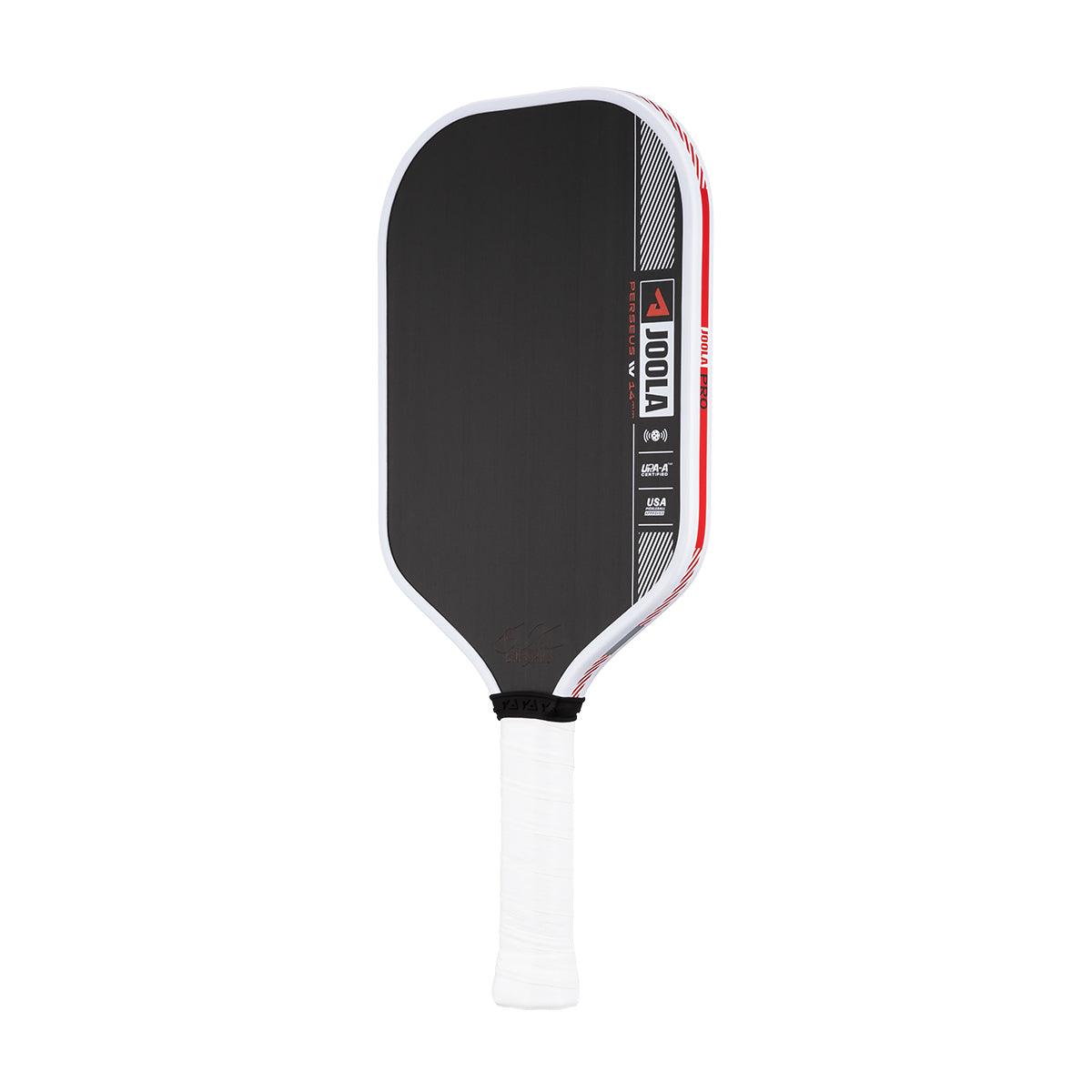 Pickleball-Schläger JOOLA Perseus IV mit schwarzer Schlagfläche und weißem Griff.