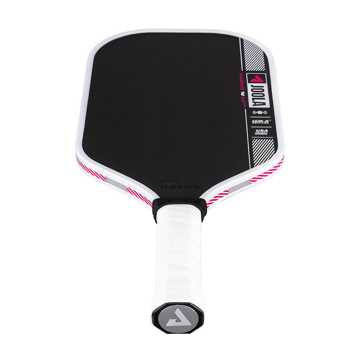 Schwarzer Pickleball-Schläger mit weißem Griff und pink-weißen Akzenten, Marke JOOLA Magnus V1.4.