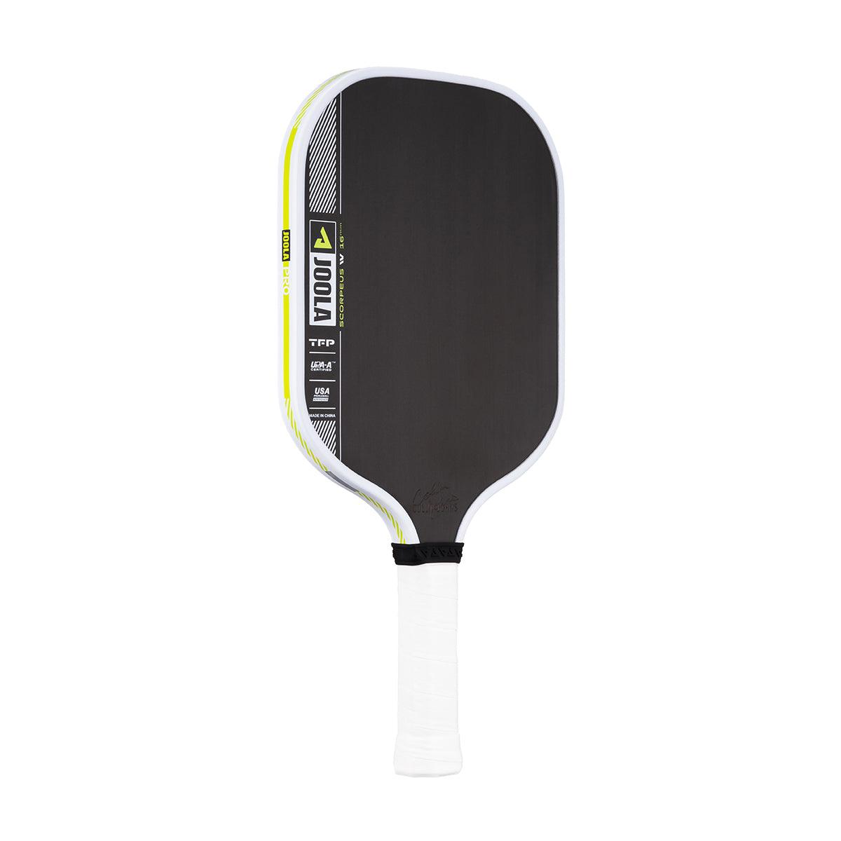 Pickleball-Schläger mit schwarzer Schlagfläche, weißem Griff und gelben Akzenten.