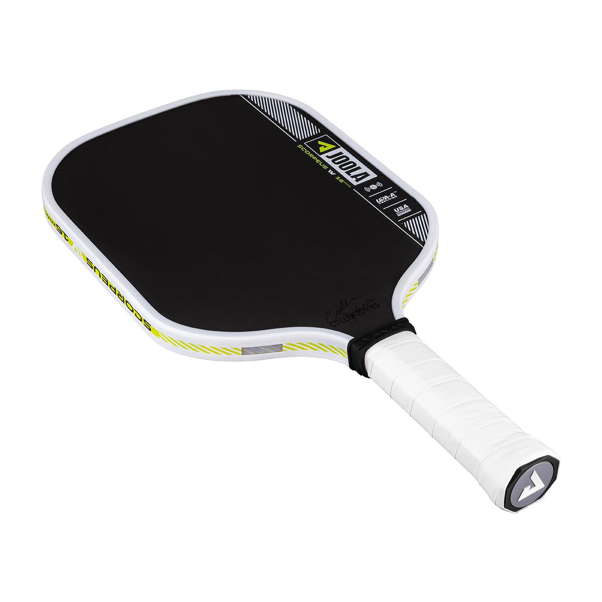 Schwarzer Pickleball-Schläger mit weißem Griff und gelben Akzenten, Marke JOOLA.