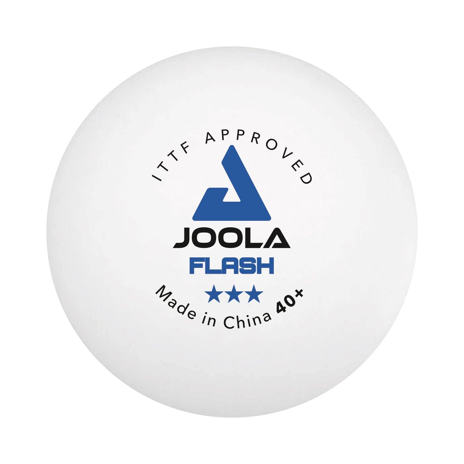Balle de tennis de table JOOLA FLASH*** 40+ vue de côté avec un focus sur le design.