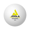 Balle de tennis de table d'entraînement blanche JOOLA 40+ avec logo jaune.