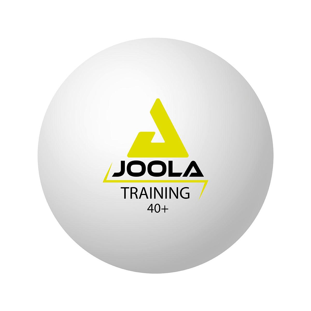 Balle de tennis de table d'entraînement blanche JOOLA 40+ avec logo jaune.