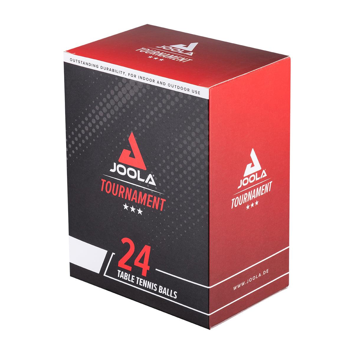 Pack of 24 JOOLA Tournament table tennis balls, designed in black and red.