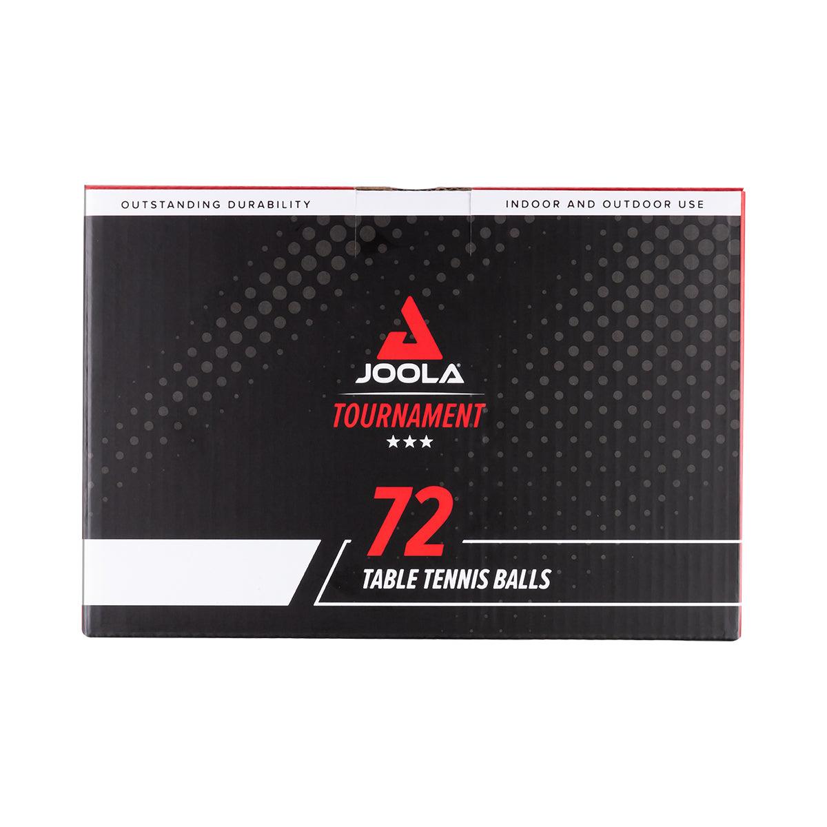 Schwarze Verpackung mit rotem und weißem Schriftzug, enthält 72 Tischtennisbälle der Marke JOOLA Tournament.