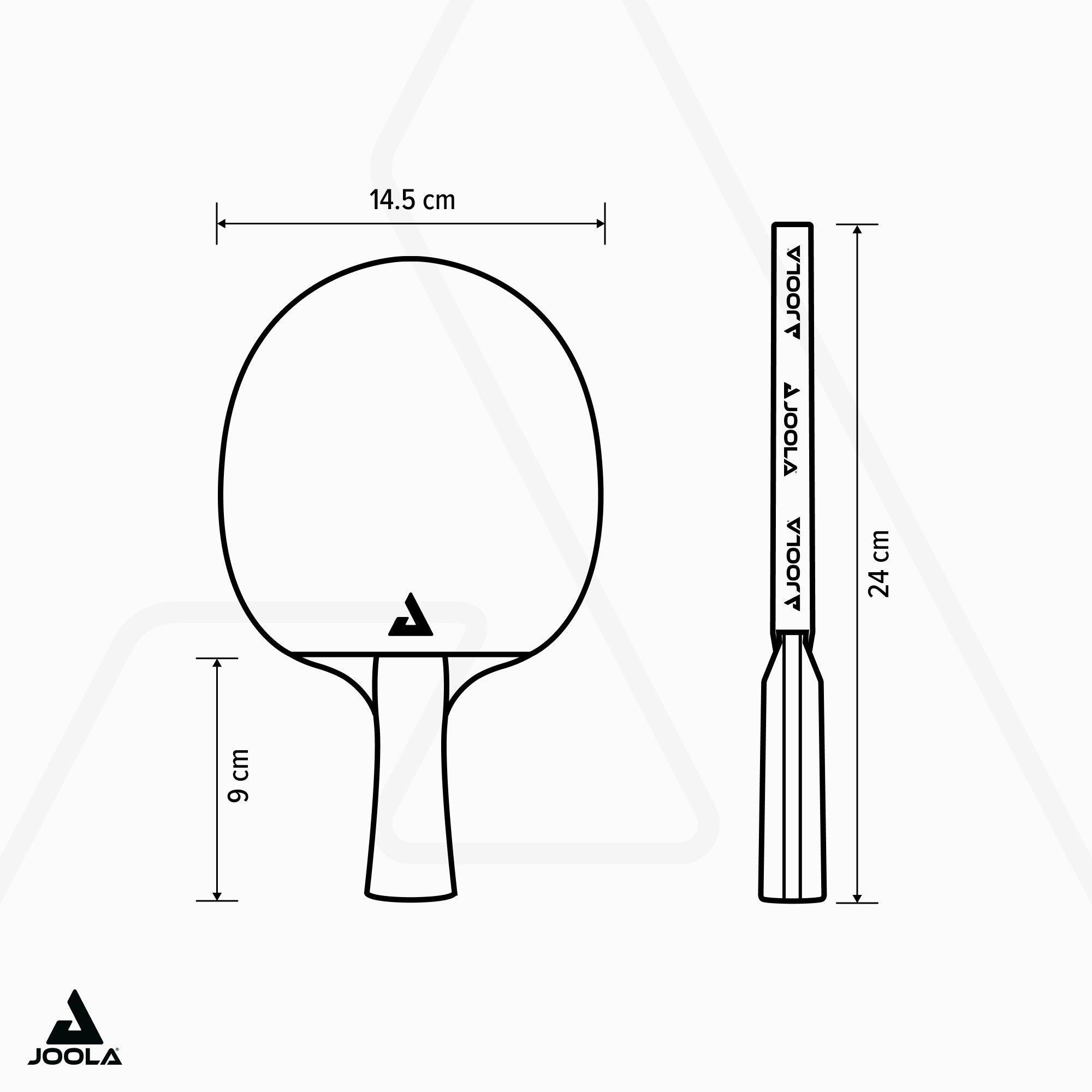 Skizze eines JOOLA Tischtennisschlägers mit Maßen: 14,5 cm Breite, 24 cm Länge, 9 cm Griffhöhe.