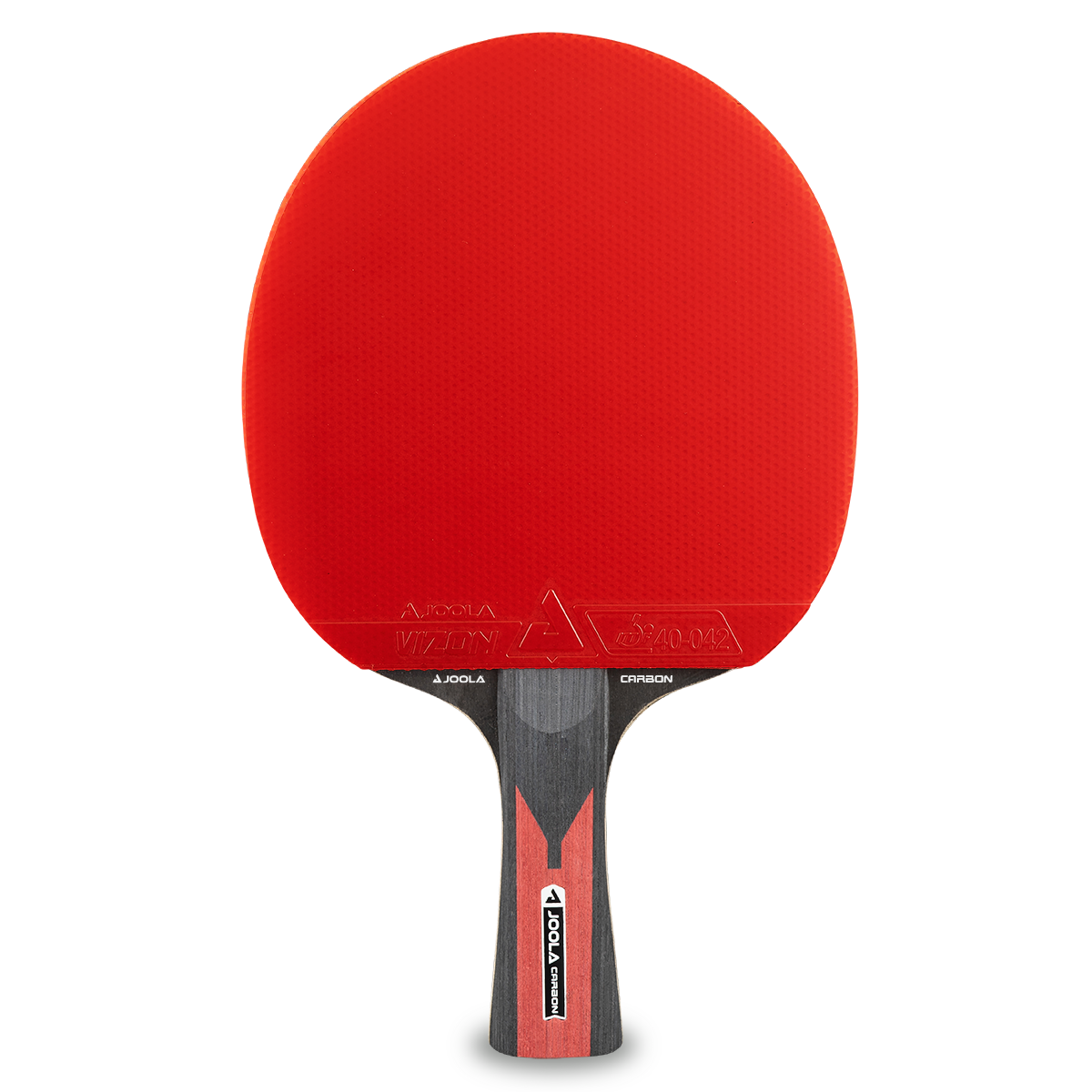 Roter Tischtennisschläger mit schwarzem Griff, markiert mit "JOOLA Carbon".