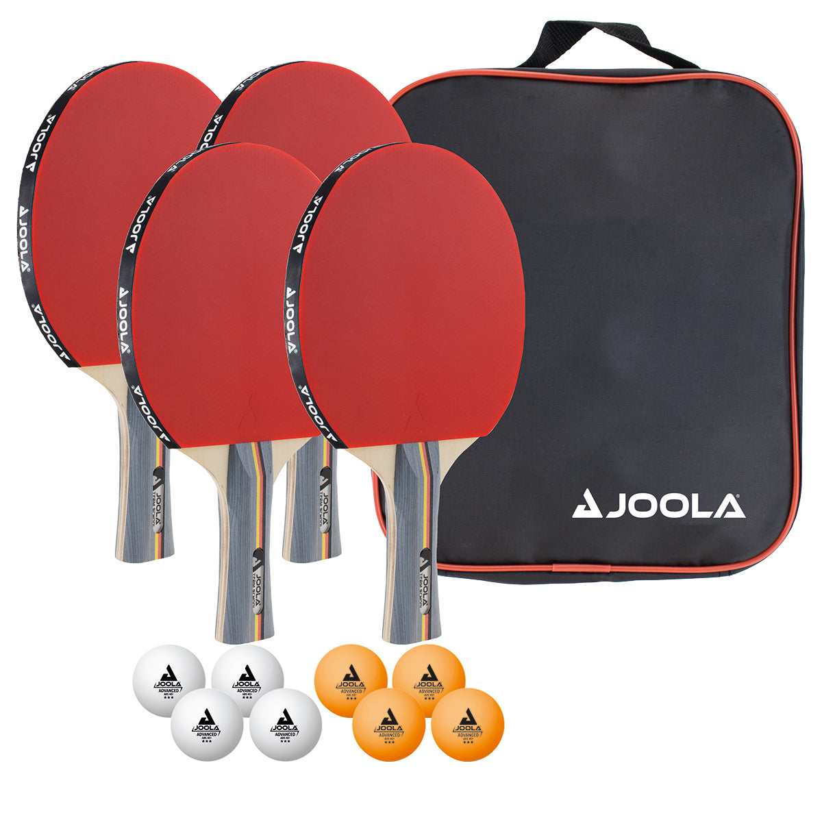 Vier rote Tischtennisschläger, acht Tischtennisbälle (vier weiß, vier orange) und eine schwarze JOOLA Tragetasche.
