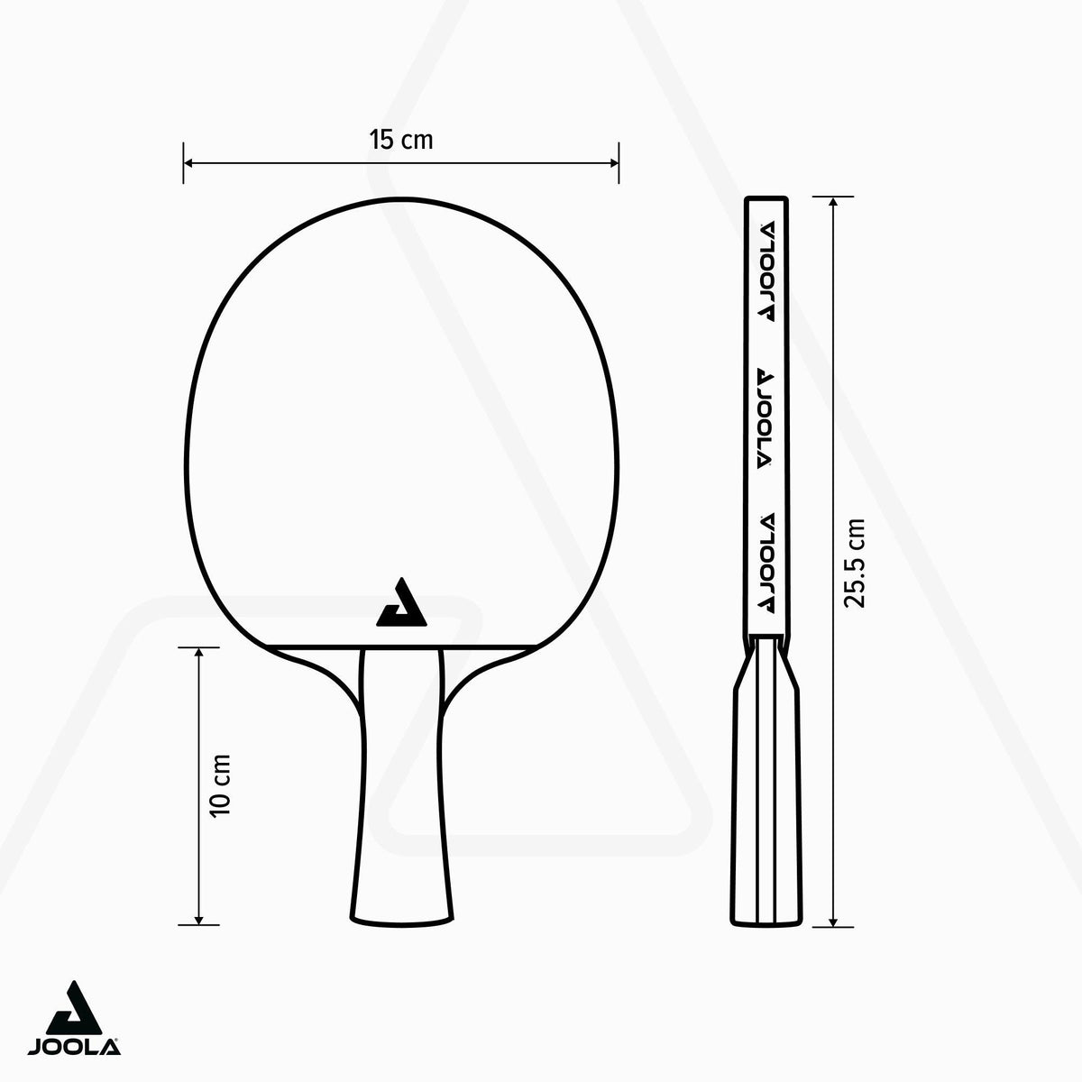 Skizze eines JOOLA Tischtennisschlägers mit Maßen: 15 cm Breite, 25,5 cm Länge, 10 cm Griffhöhe.