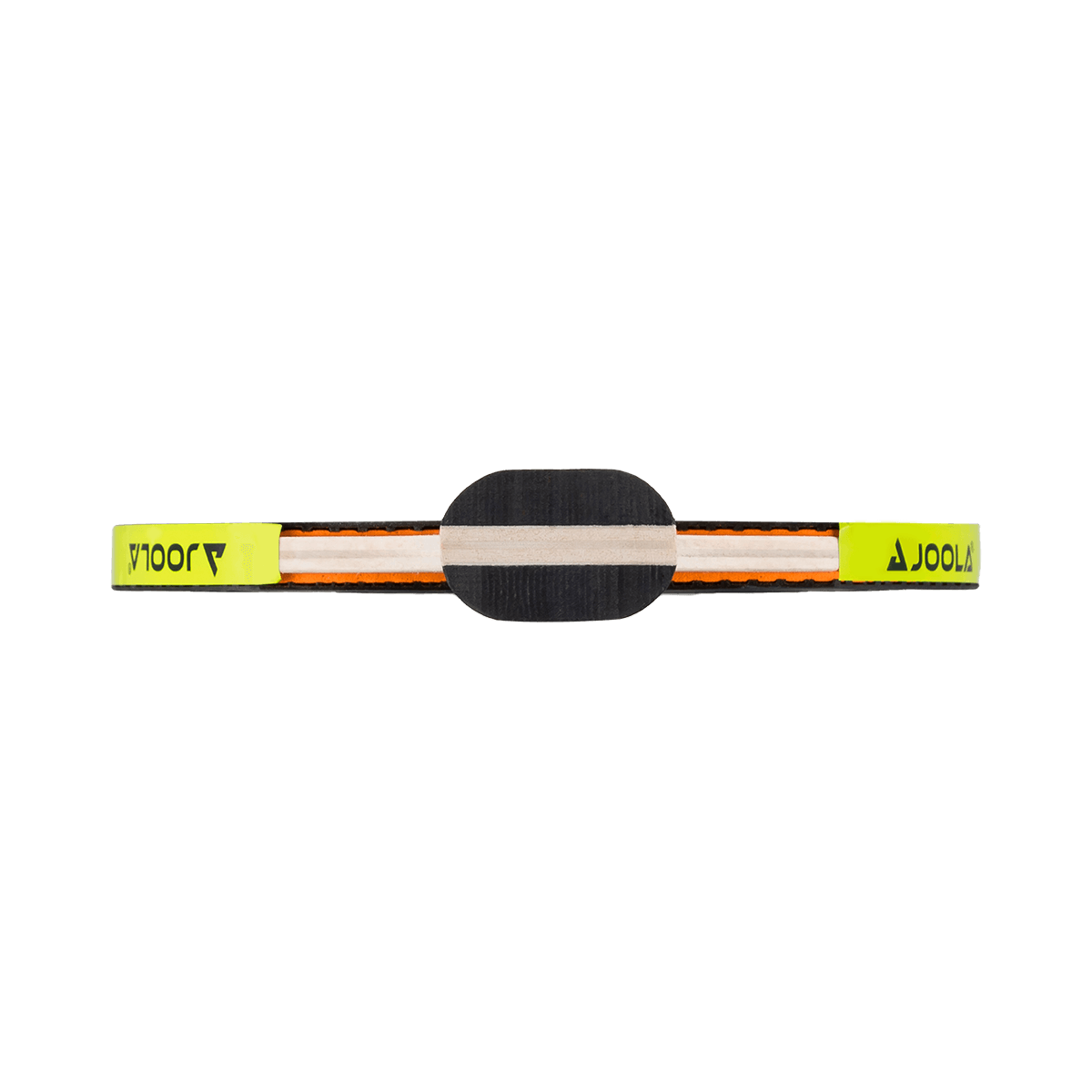 Tischtennisschläger von oben mit gelbem Griff und schwarzer Schlagfläche.