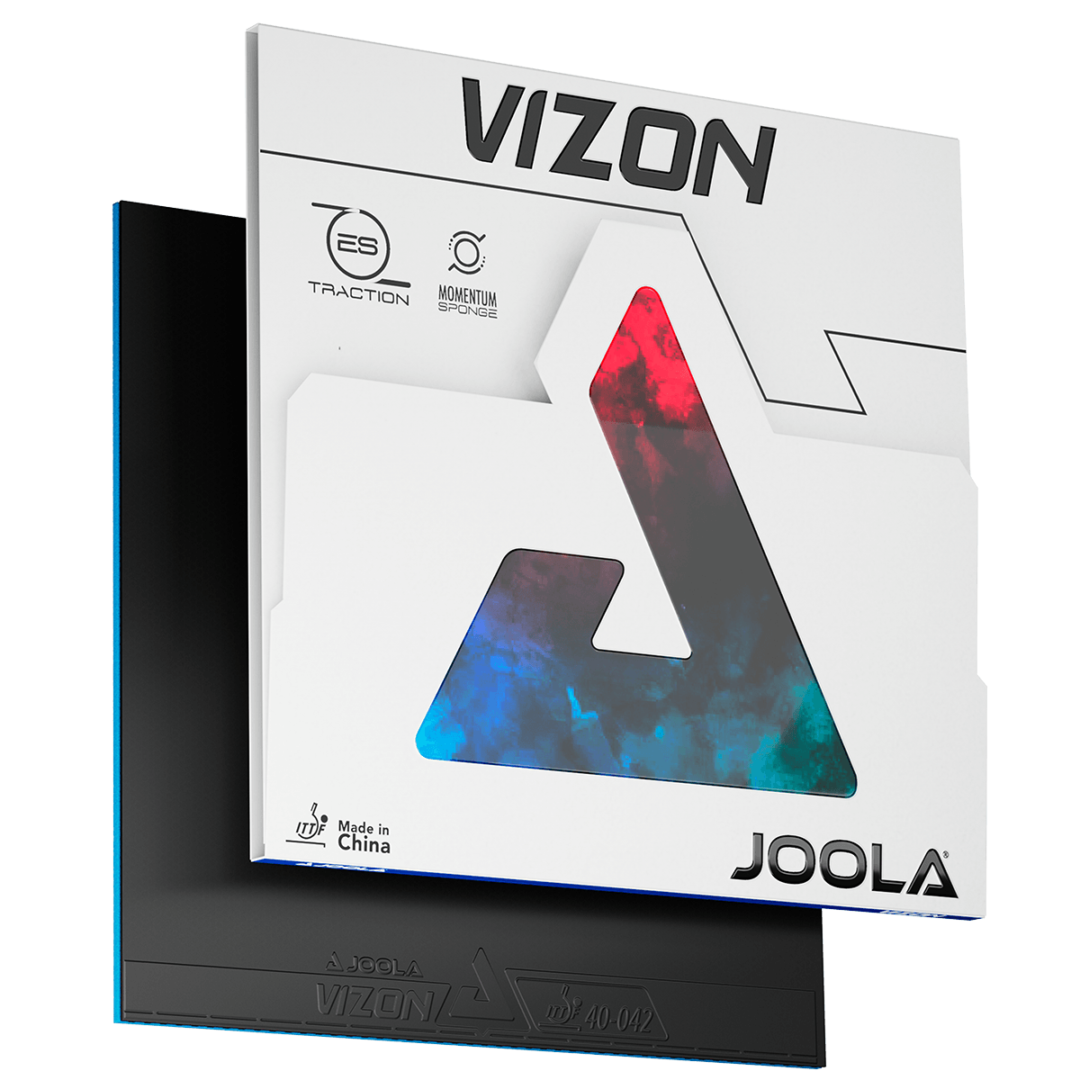 JOOLA Tischtennisbelag Vizon in schwarzer Farbe mit weißer Verpackung und buntem Dreieck-Design.