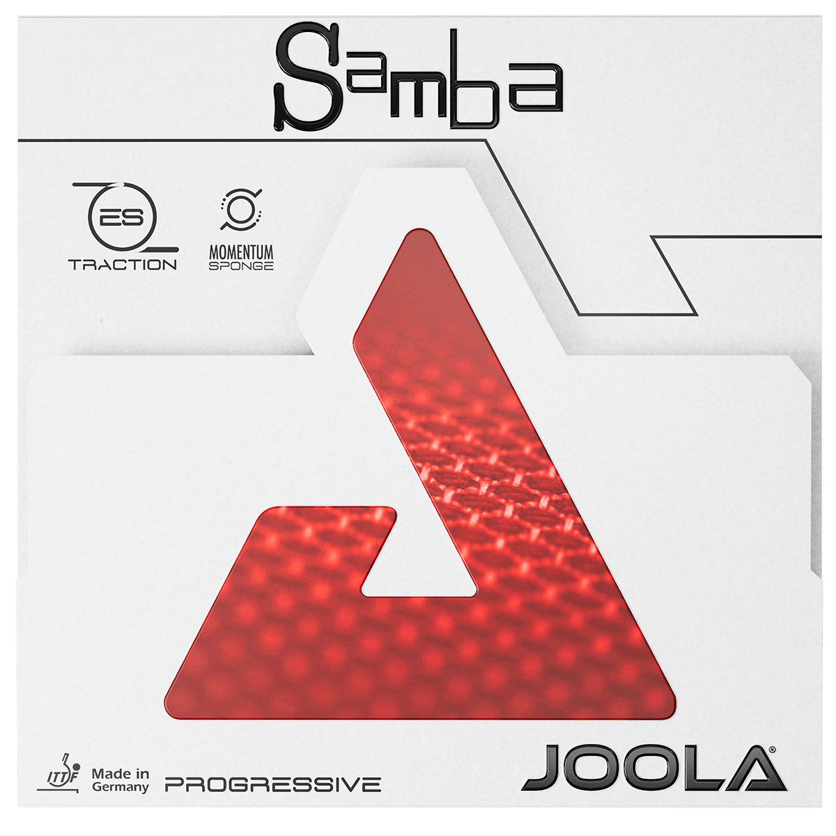 JOOLA Samba Tischtennisbelag in roter Farbe, Verpackung mit Logos und Schriftzügen.
