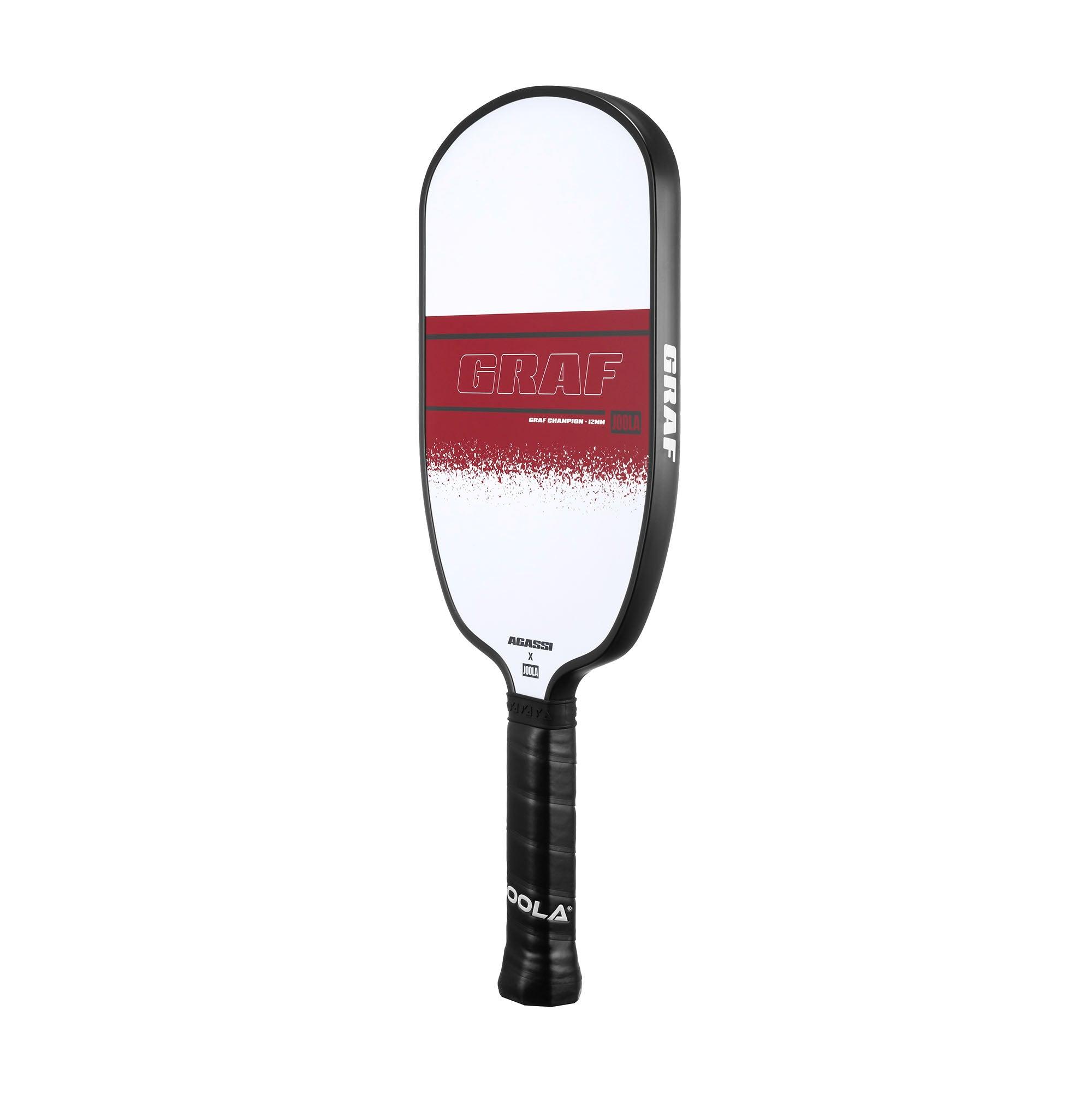 Schwarzer Pickleball-Schläger mit weiß-rotem Design und schwarzem Griff.