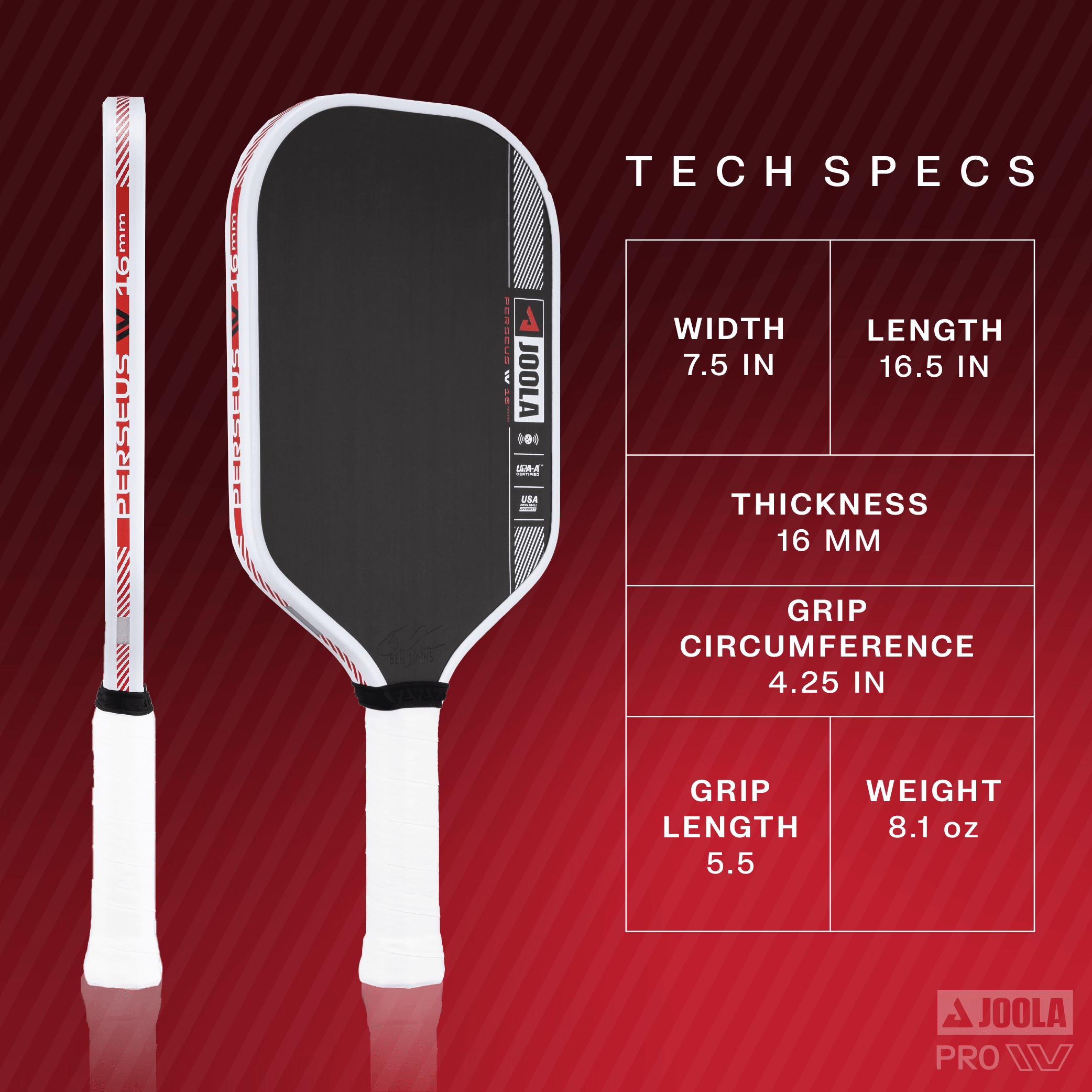 Schwarzer JOOLA Perseus Pickleball-Schläger mit weißen und roten Akzenten, daneben technische Spezifikationen wie Breite 7,5 Zoll, Länge 16,5 Zoll, Dicke 16 mm, Griffumfang 4,25 Zoll, Griff Länge 5
